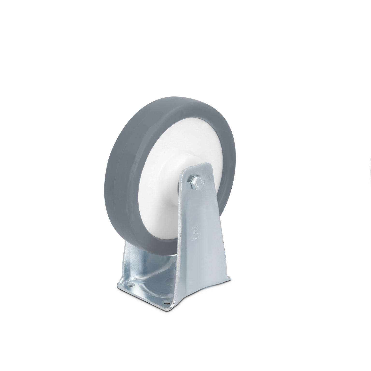 A gray rubber wheel is mounted on a silver metal bracket. The wheel has a white core and is designed for mobility. It is positioned upright against a plain background.
