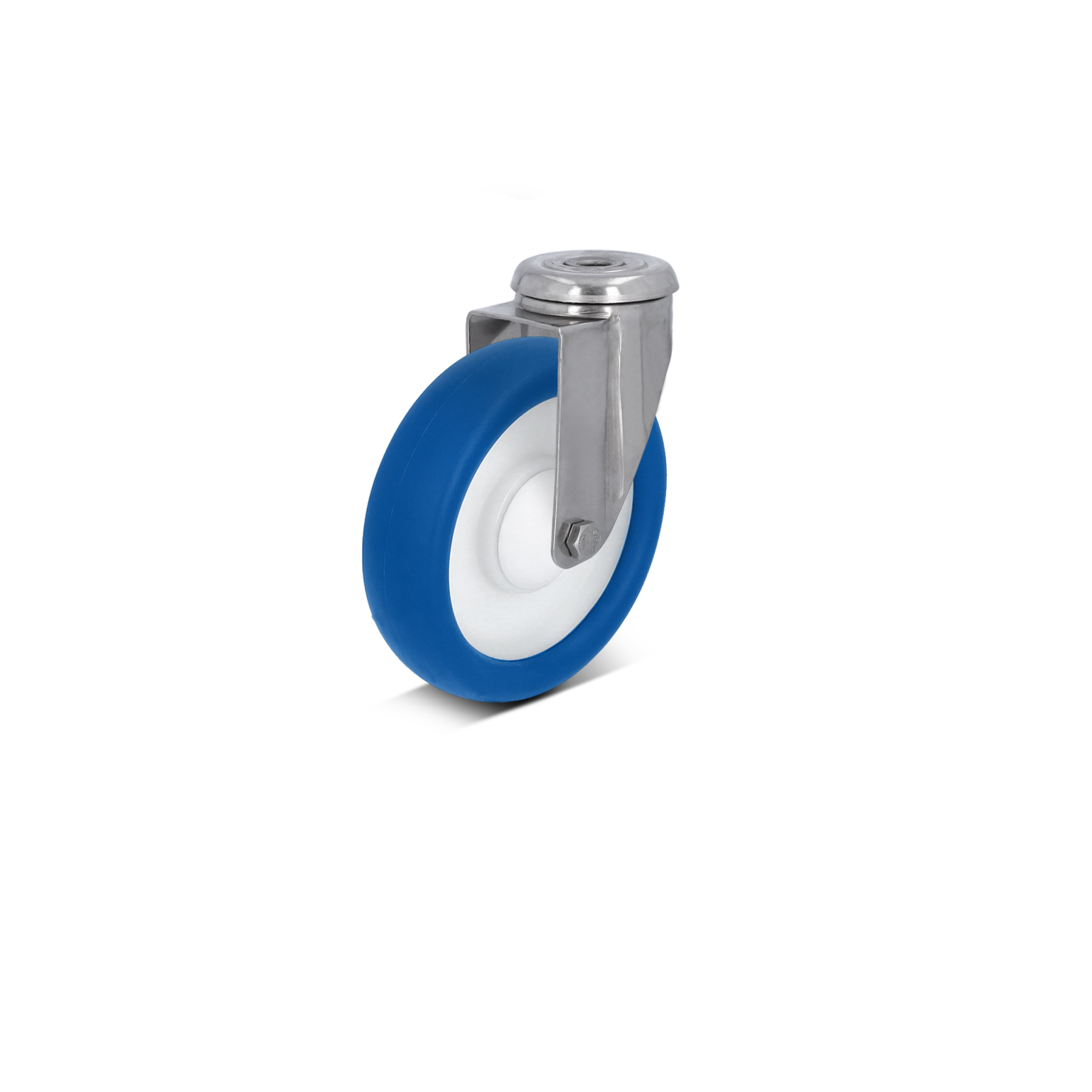 A blue rubber wheel with a white center is mounted on a silver metal swivel bracket. It is positioned upright against a blank background, highlighting its sleek design for industrial applications.
