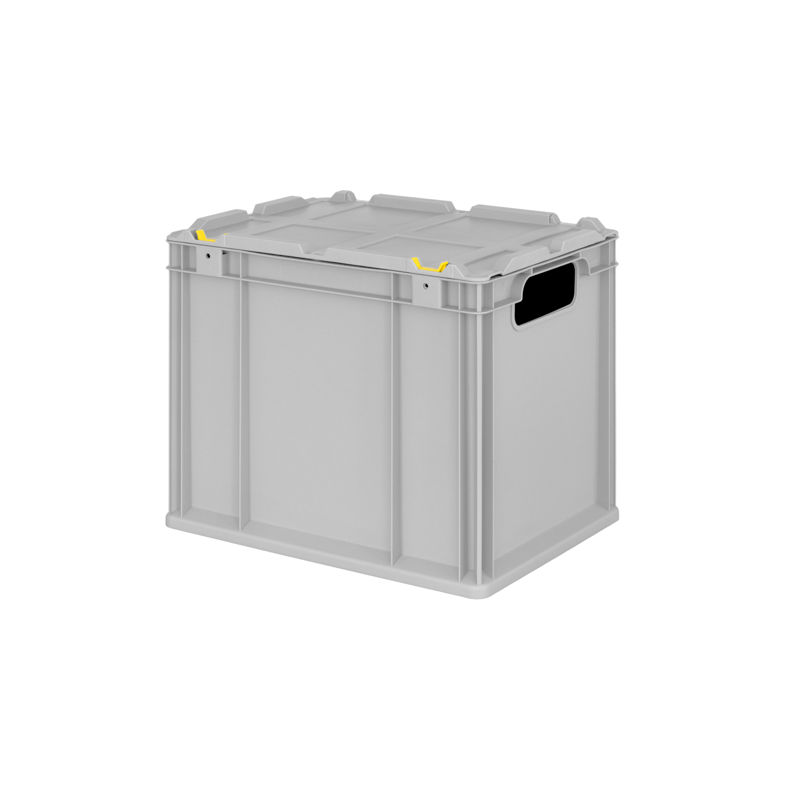 Graue Kunststoffkiste mit robusten Wänden und Griffen. Sie hat eine stabile, flache Oberseite und gelbe Sicherheitslaschen. Die Kiste steht auf einem neutralen Hintergrund und ist für das Lagern und Transportieren von Materialien konzipiert.