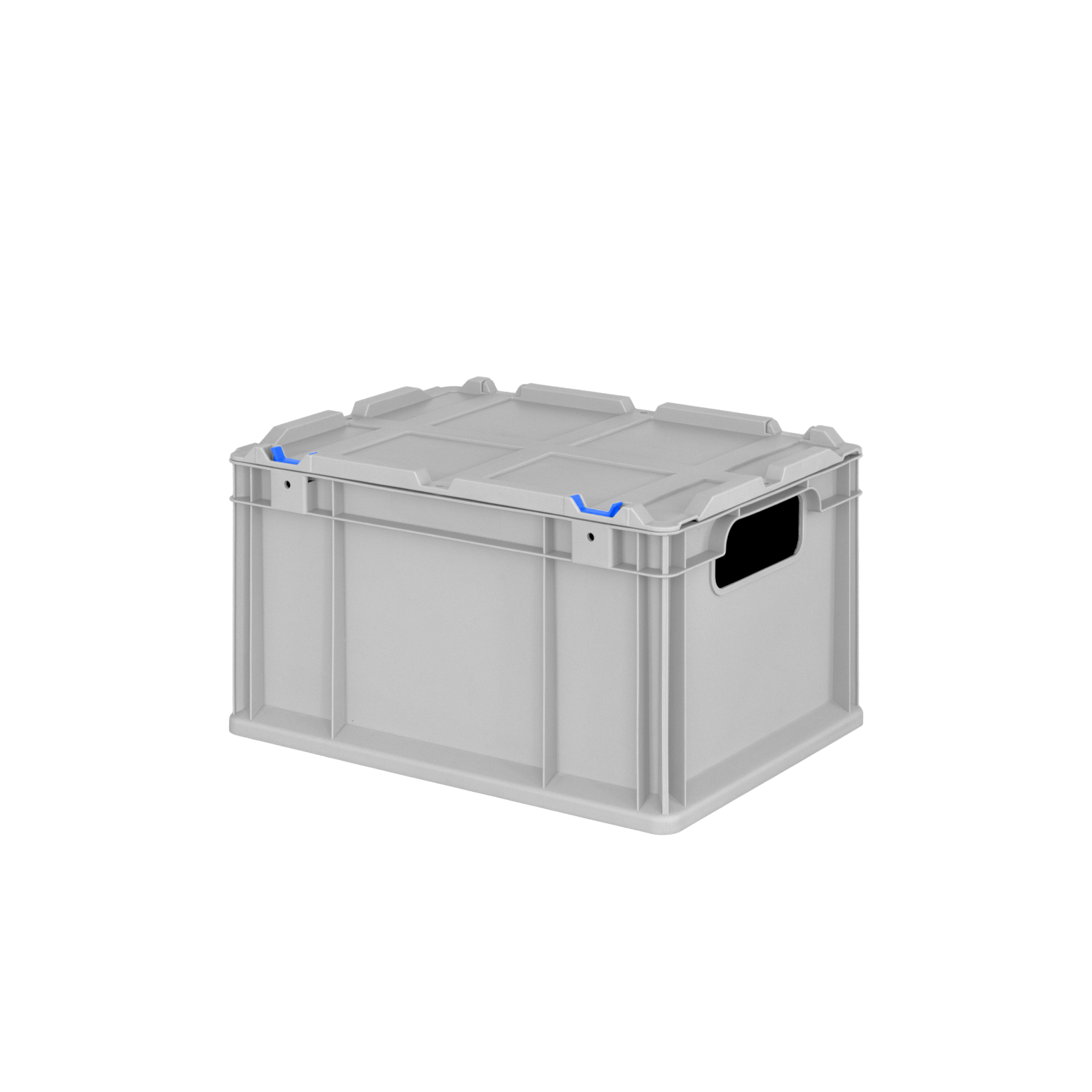 A grey plastic storage box is shown with a sturdy design. It features side handles for easy carrying and blue accent clips on the top corners. The background is plain black.