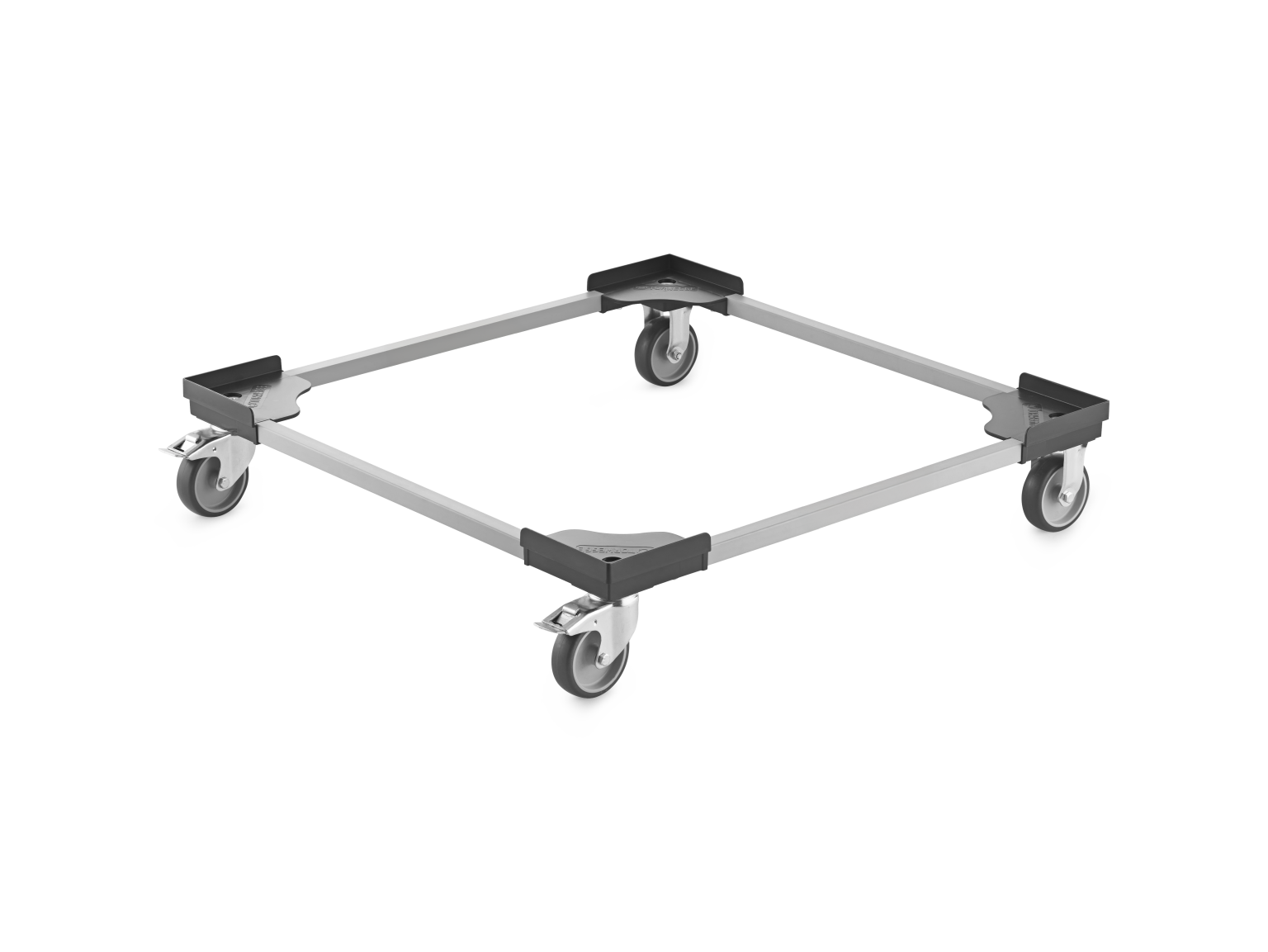 A transport dolly features a rectangular metal frame with four swivel castors at each corner. It is designed for easy mobility and stability in moving loads within an industrial or warehouse setting.