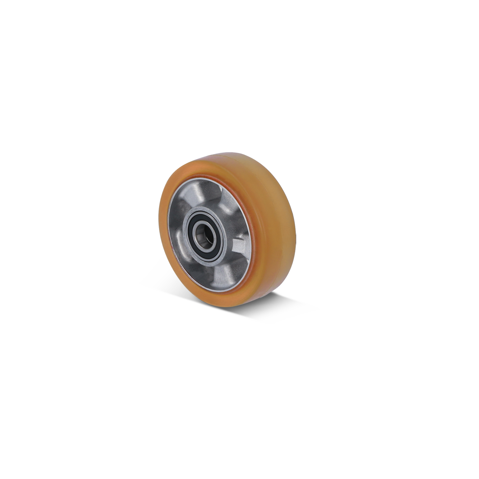Rond industriële wiel met een metalen kern en een oranje rubberen band. Het is schuin geplaatst, waardoor de hoeken goed zichtbaar zijn. De achtergrond is een egale kleur.