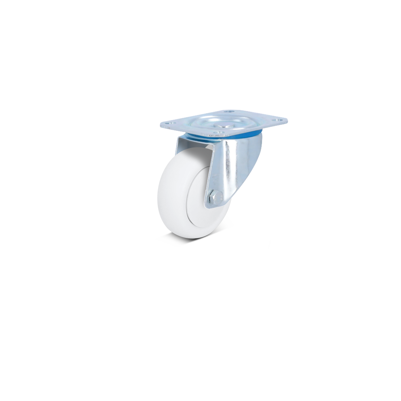 A white swivel castor with a metal mounting plate is positioned for attachment. The design features a shiny metallic frame with a blue accent around the wheel-s edge, suitable for industrial applications.