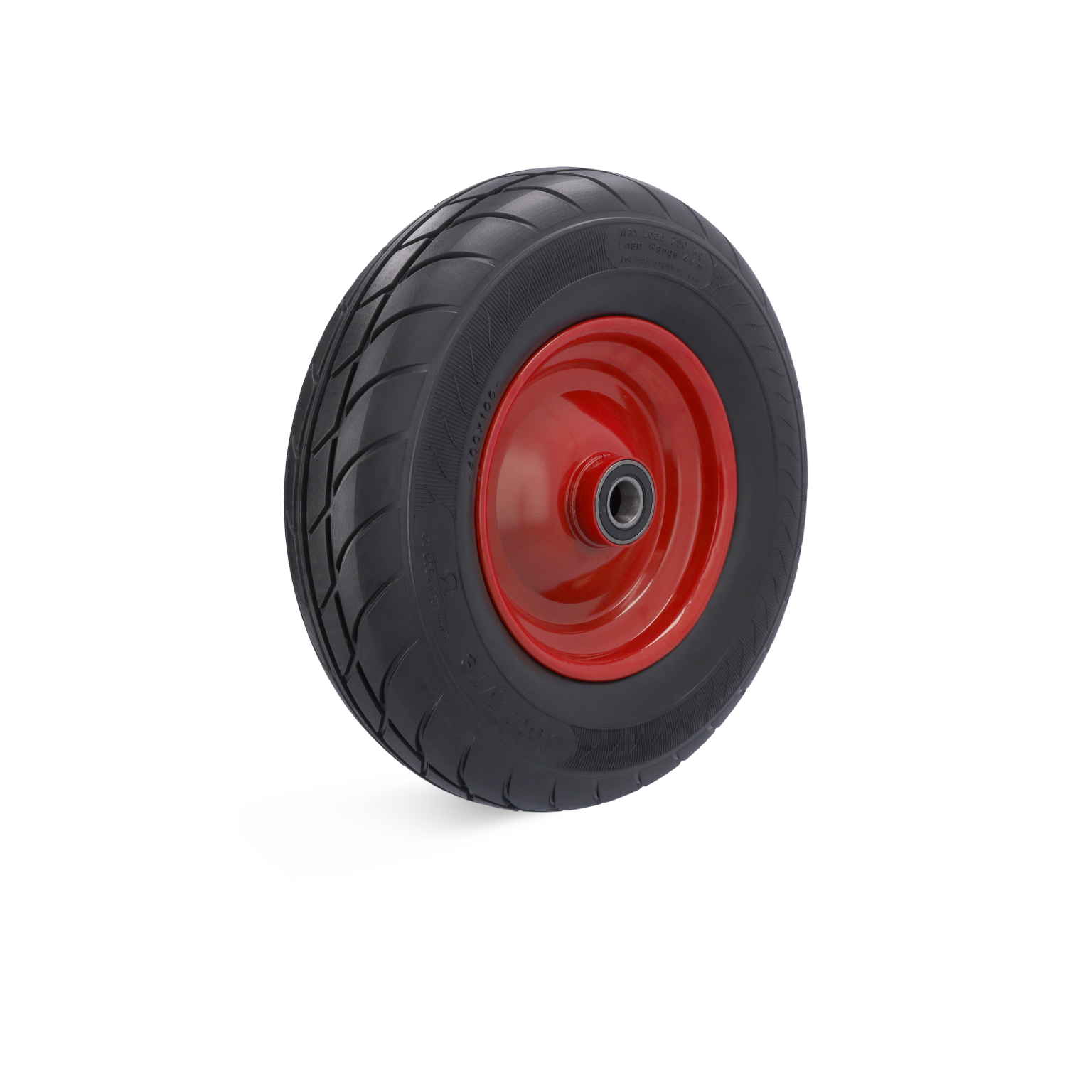 Hoofdzakelijk een wiel met een zwarte rubberen band en een rode velg. Het heeft een gladde oppervlakte voor optimale grip en is geplaatst op een neutrale, heldere achtergrond.