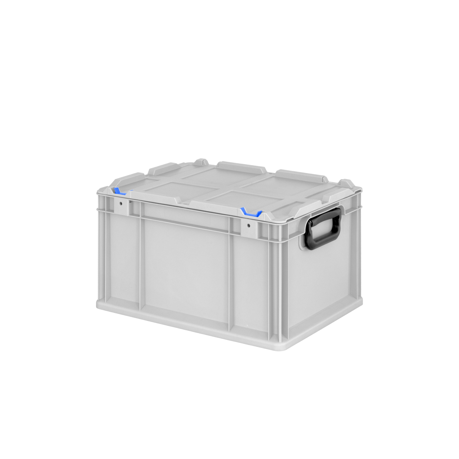 A gray plastic storage box with a sturdy design, featuring a lid and black handles on the sides. Blue accents are visible on the top, indicating a locking mechanism.