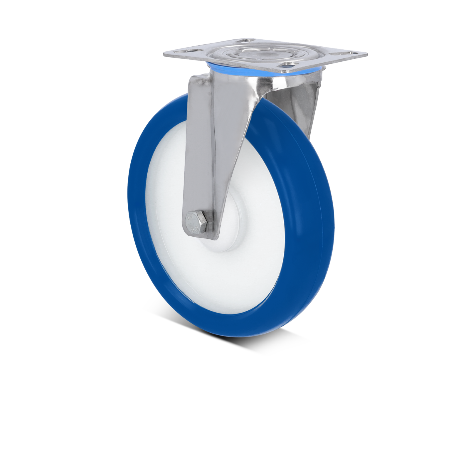 A blue and white industrial wheel features a glossy exterior with a stainless steel mounting plate. It-s positioned upright against a blank black background, showcasing its smooth, rounded shape and sturdy design.