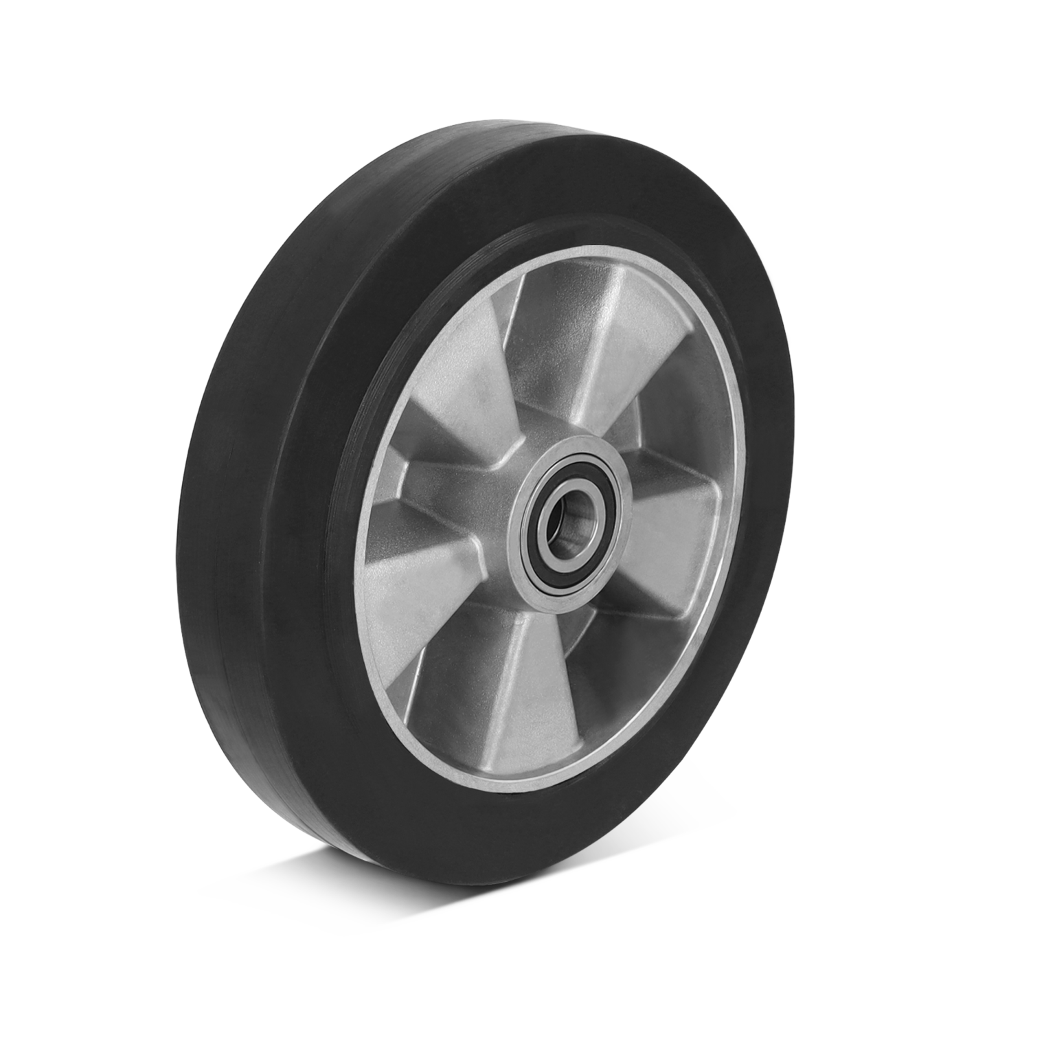 Rubber wielen met een aluminium velg zijn zichtbaar, de wielen hebben een centrale lager en zijn specifiek ontworpen voor industriële toepassingen. De achtergrond is blanco.
