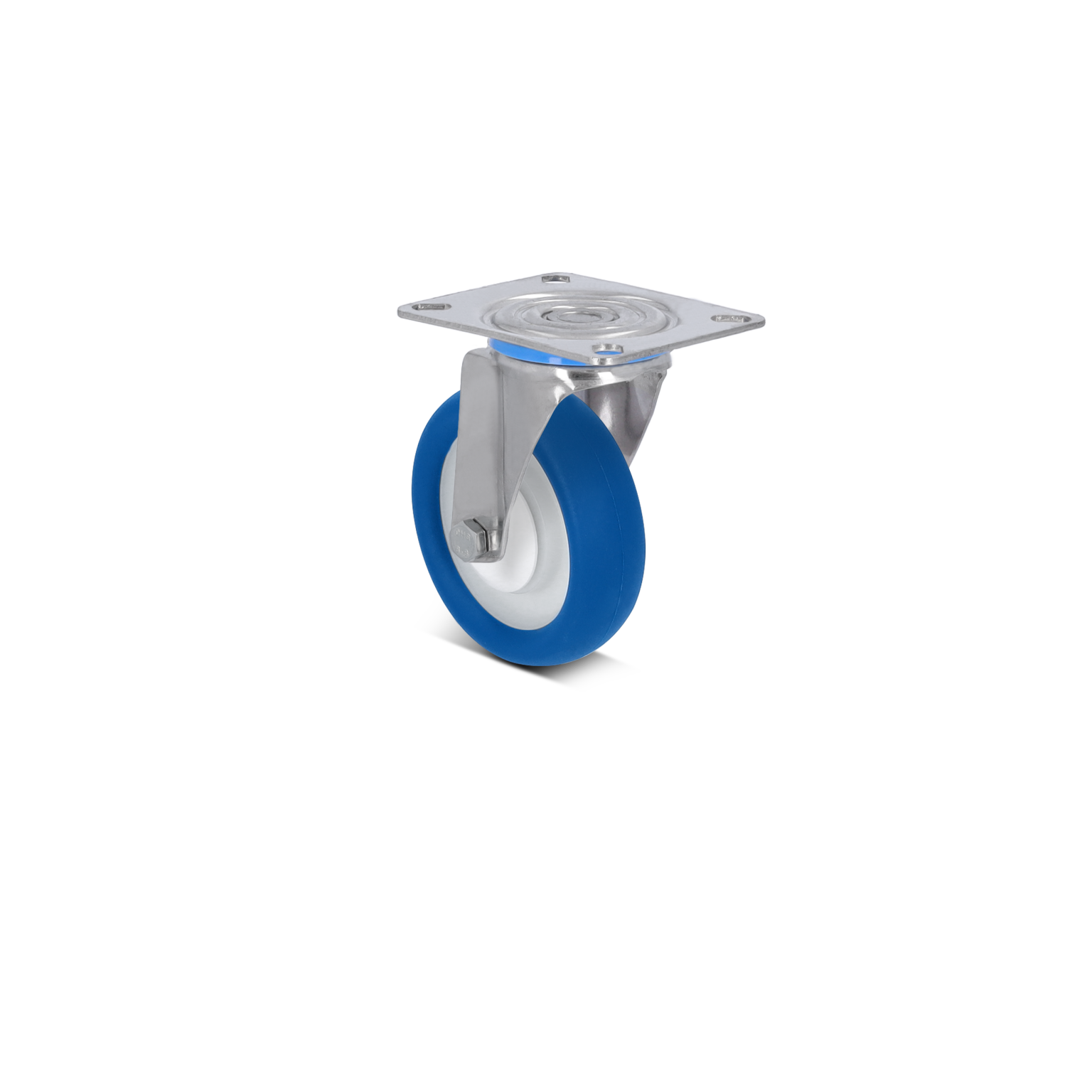 A blue and white wheel castor features a metal mounting plate. It is designed for mobility, showcasing a shiny surface and durable materials, typically used in industrial or transport applications.