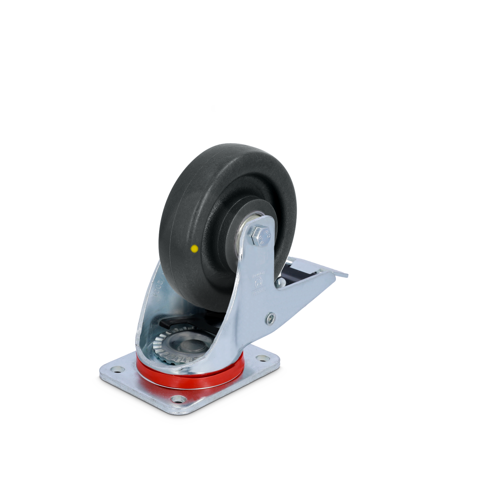 A heavy-duty industrial wheel with a black rubber tire mounted on a silver metal bracket. The bracket features a red rubber ring and is attached to a square mounting plate.