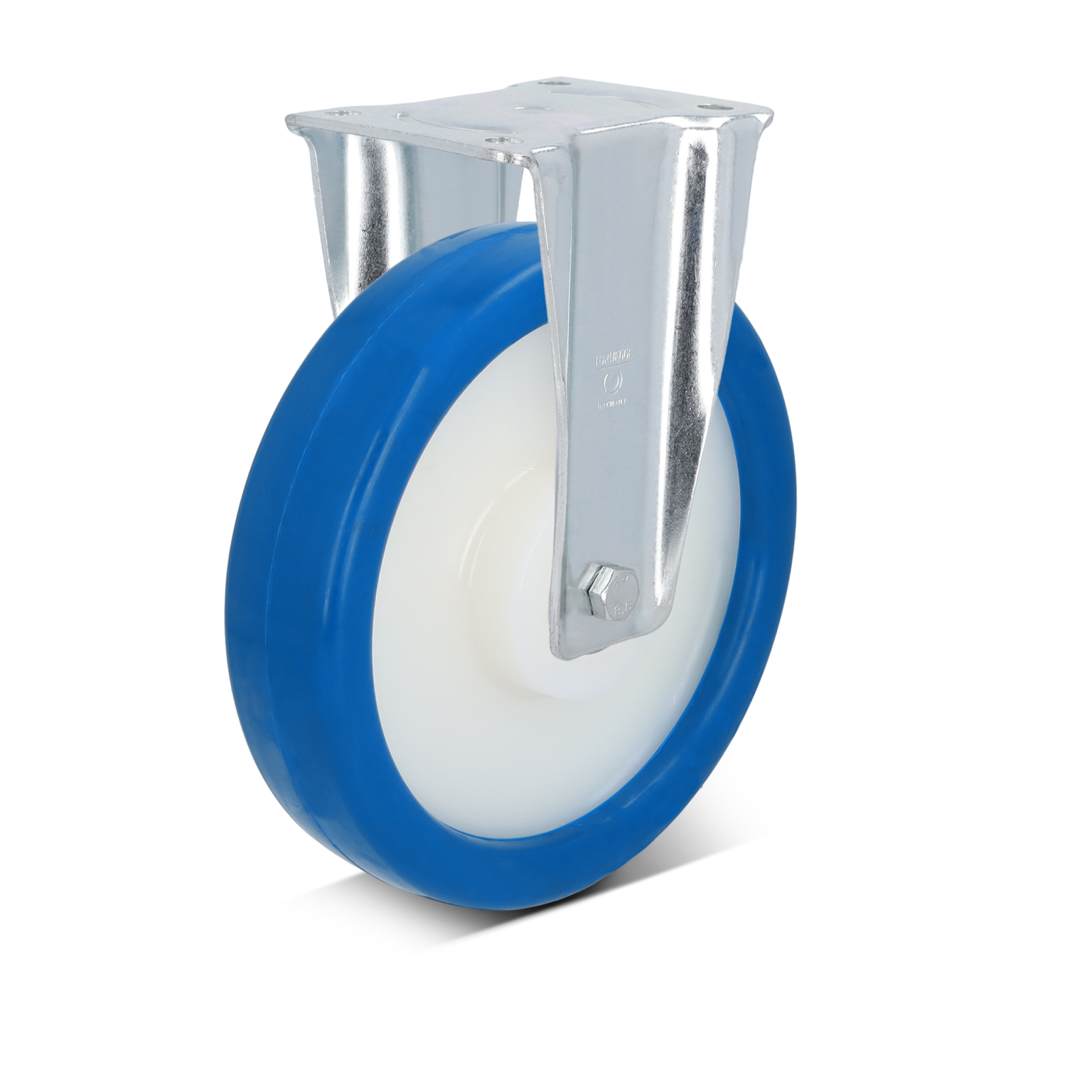 A blue industrial wheel is mounted on a silver metal plate with a bolt, designed for material handling. The wheel has a white core and is positioned upright against a blank background.
