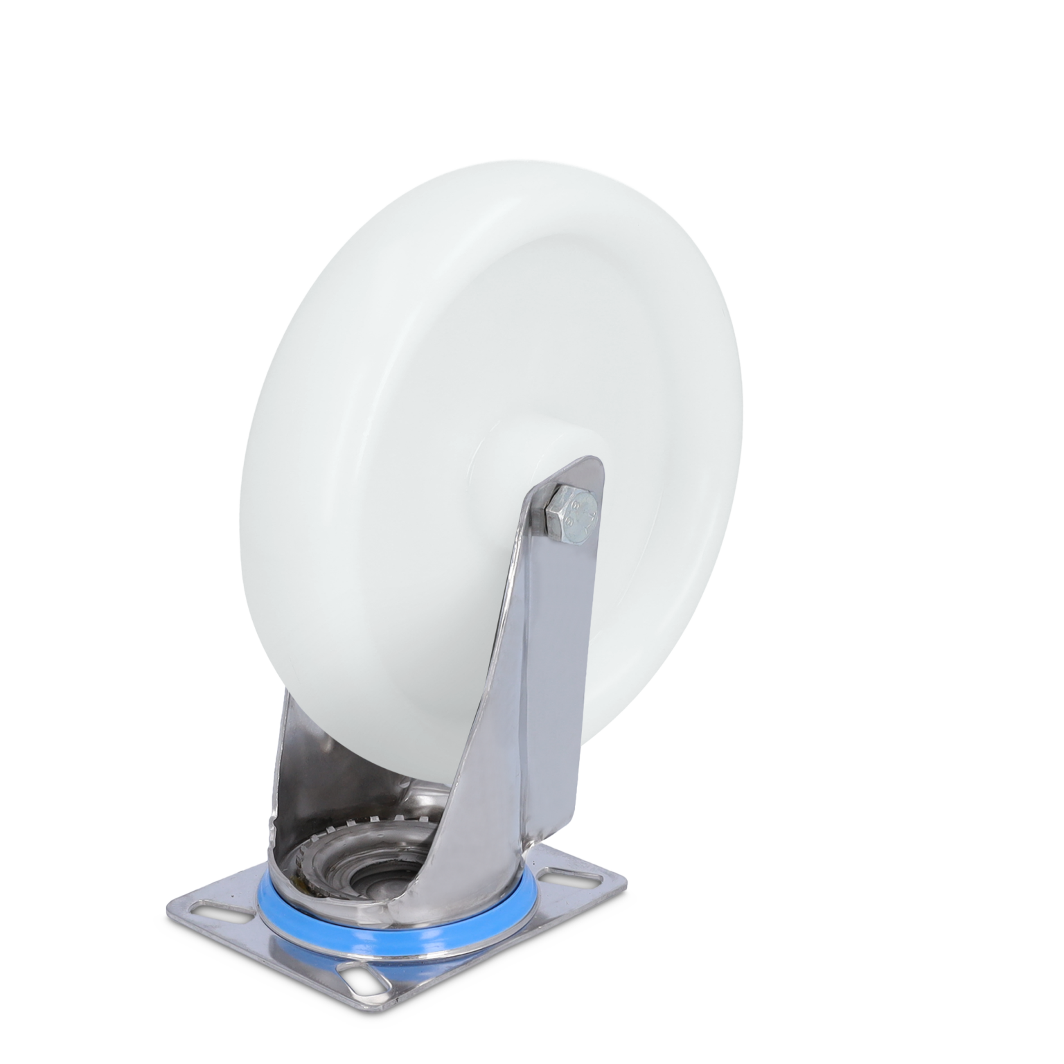 A white industrial wheel is mounted on a shiny metal bracket. The wheel features a smooth surface and a blue rubber ring surrounding the base. The background is blank.