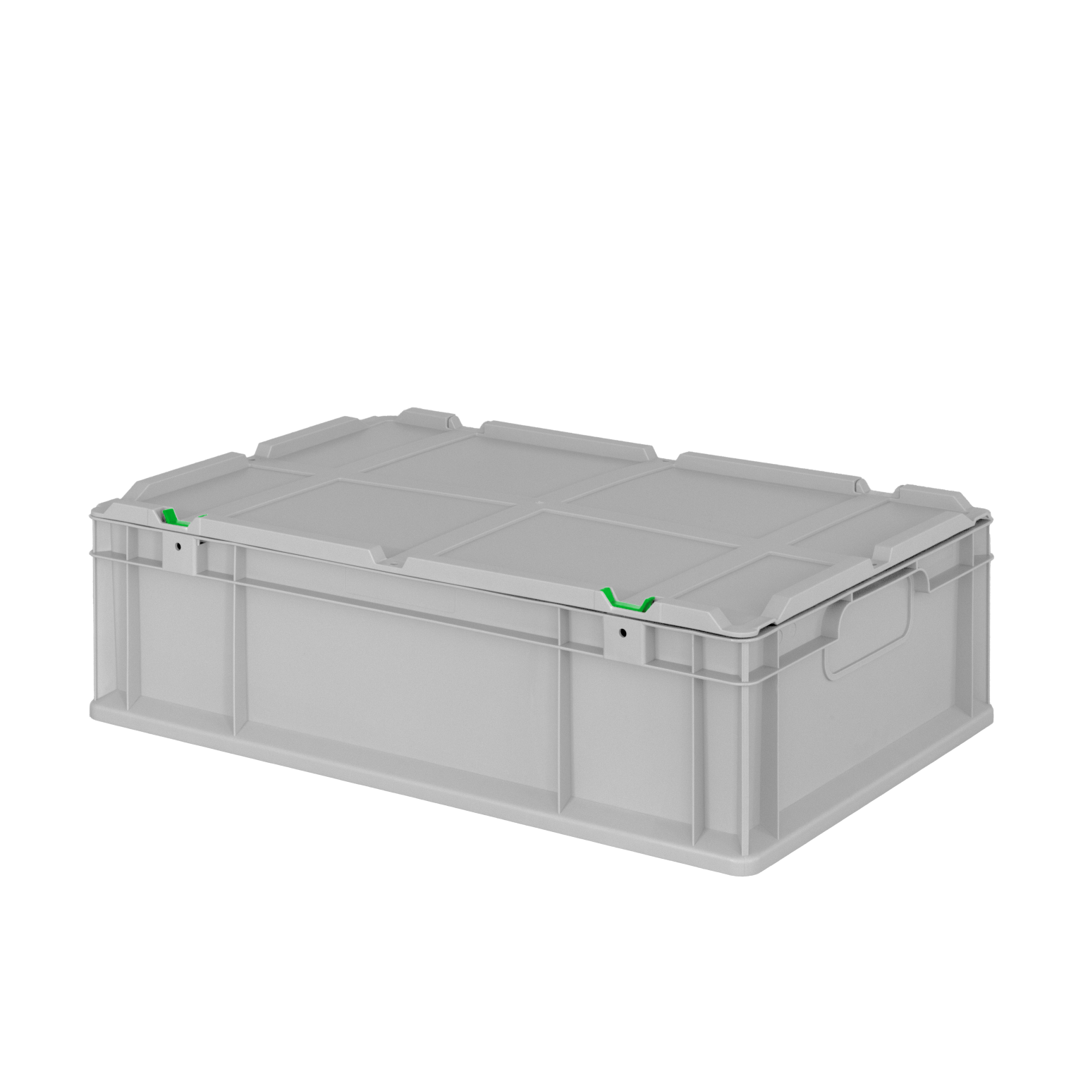 A grey plastic container features a lidded design with handles on the sides and small green indicators. It is positioned on a flat surface, suitable for storage or transport in industrial settings.
