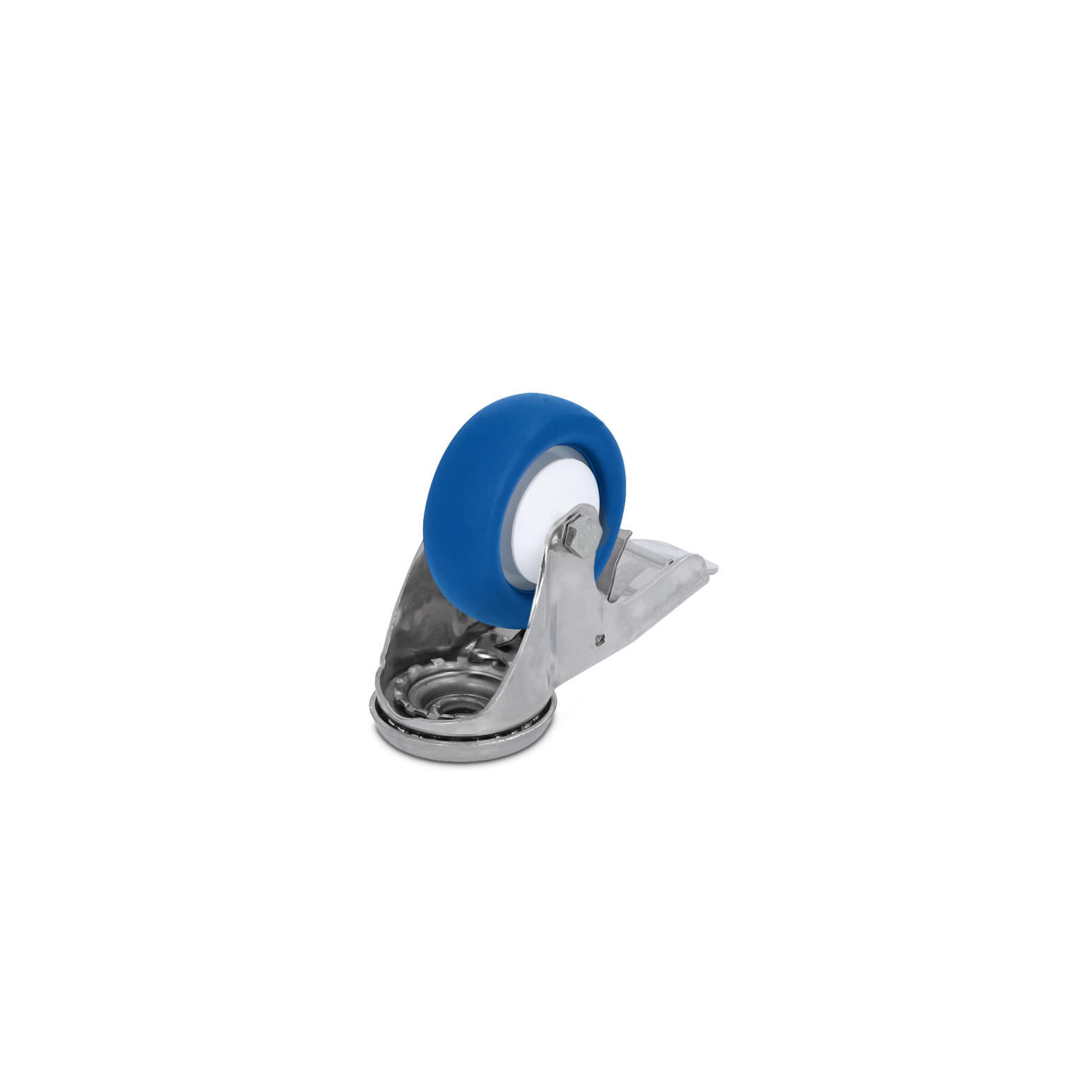 Blauwe wiel met een wit binnenste en een metalen montagemal, ontworpen voor gebruik in industriële toepassingen. Het wiel is geplaatst in een rechte positie, achtergrond is neutraal en zwart.