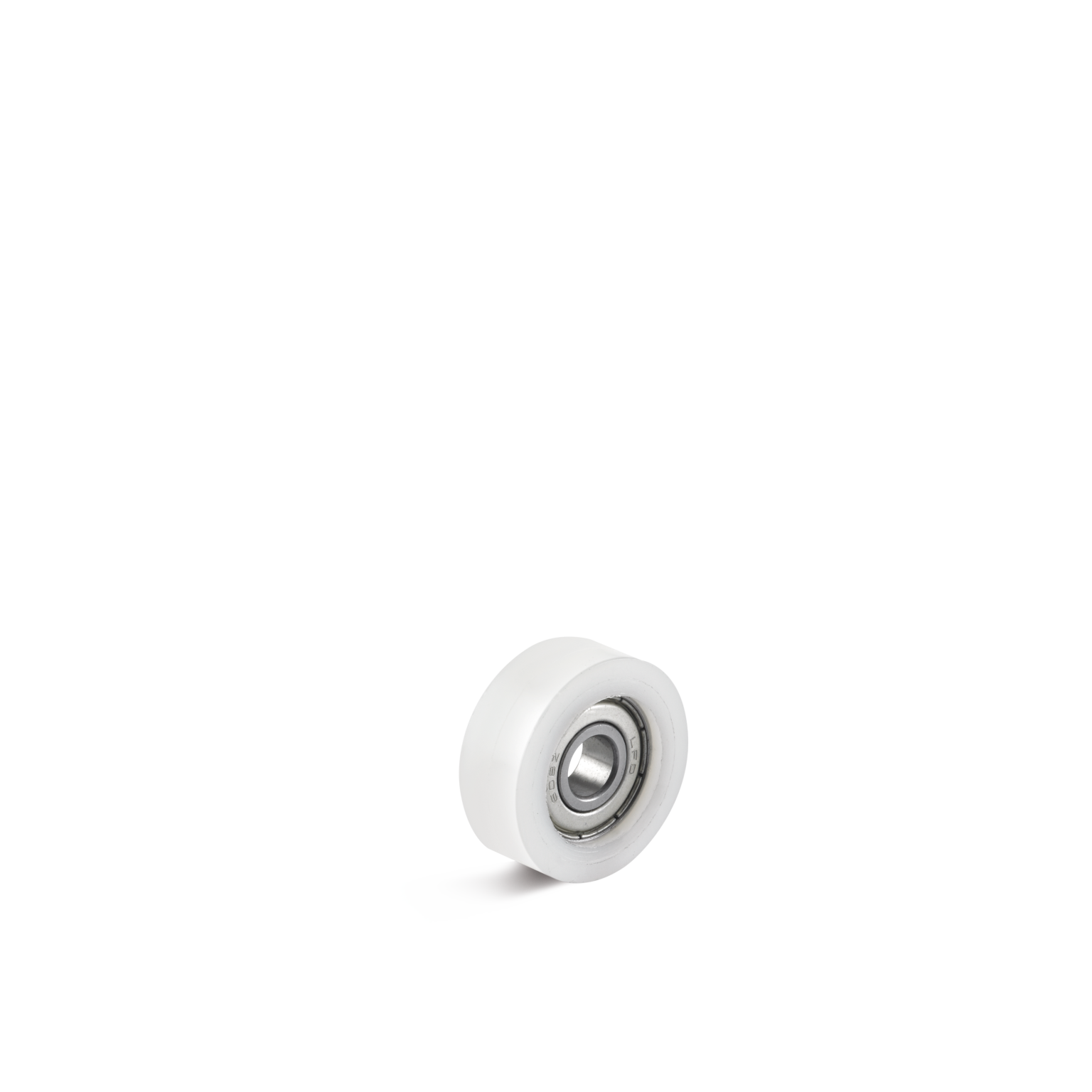 Een witte industriële rol met een metalen lager zichtbaar in het midden. De rol is afgerond en lijkt geschikt voor gebruik in transporttoepassingen. Achtergrond is effen zwart.