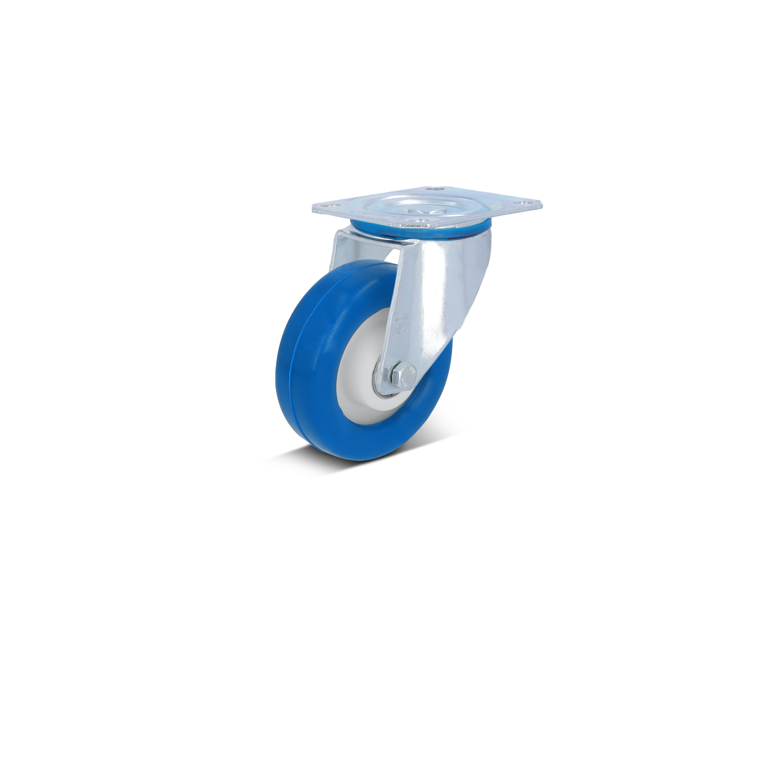 Zwenkwiel met een blauwe rubberen band en een witte kern, gemonteerd op een metalen plaat met bevestigingsgaten. Het wiel is gepositioneerd voor gebruik in een industriële omgeving.
