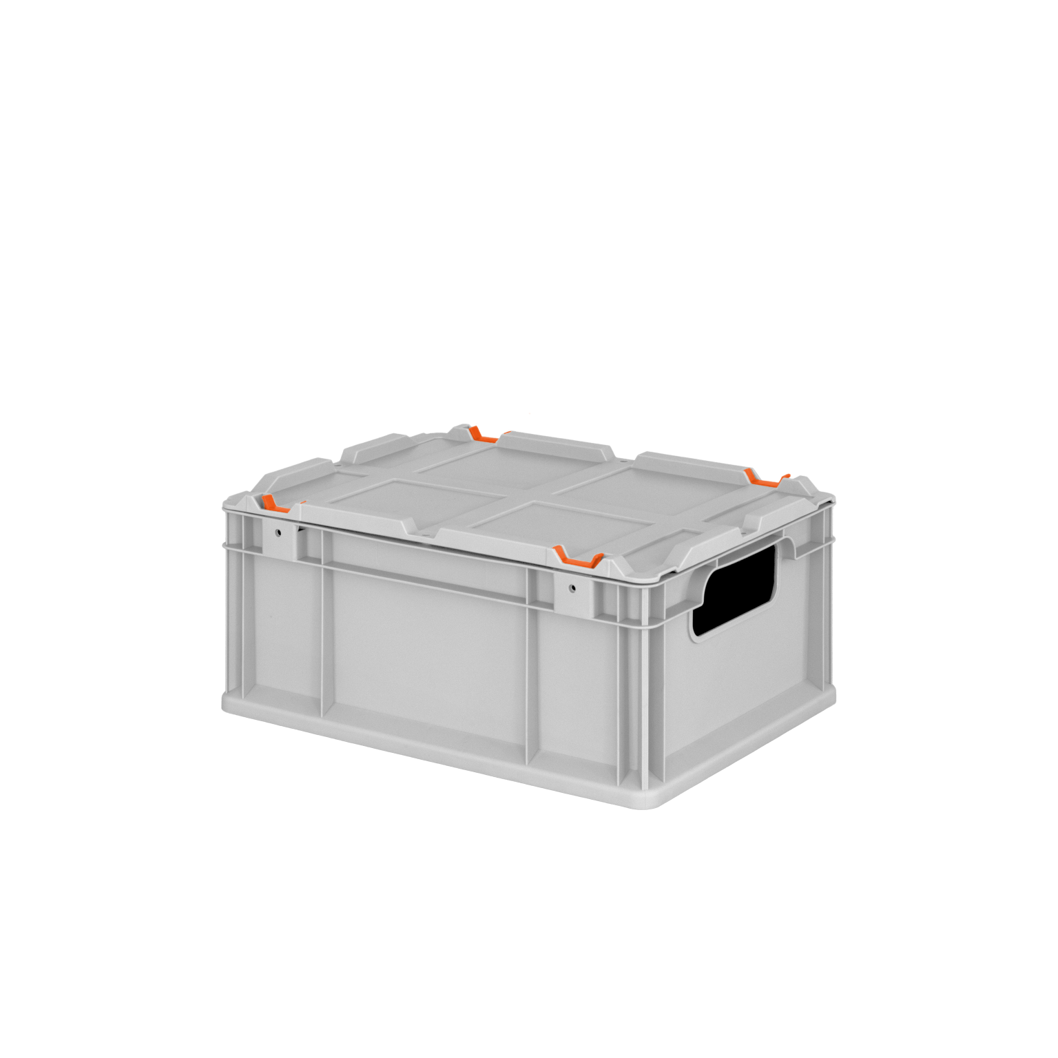 Graue Kunststoffbox mit orangefarbenen Griffen. Sie hat eine quadratische Form, ist stabil und besitzt ein flaches, strukturiertes Oberteil. Hintergrund ist schwarz, wodurch die Box hervorsticht.