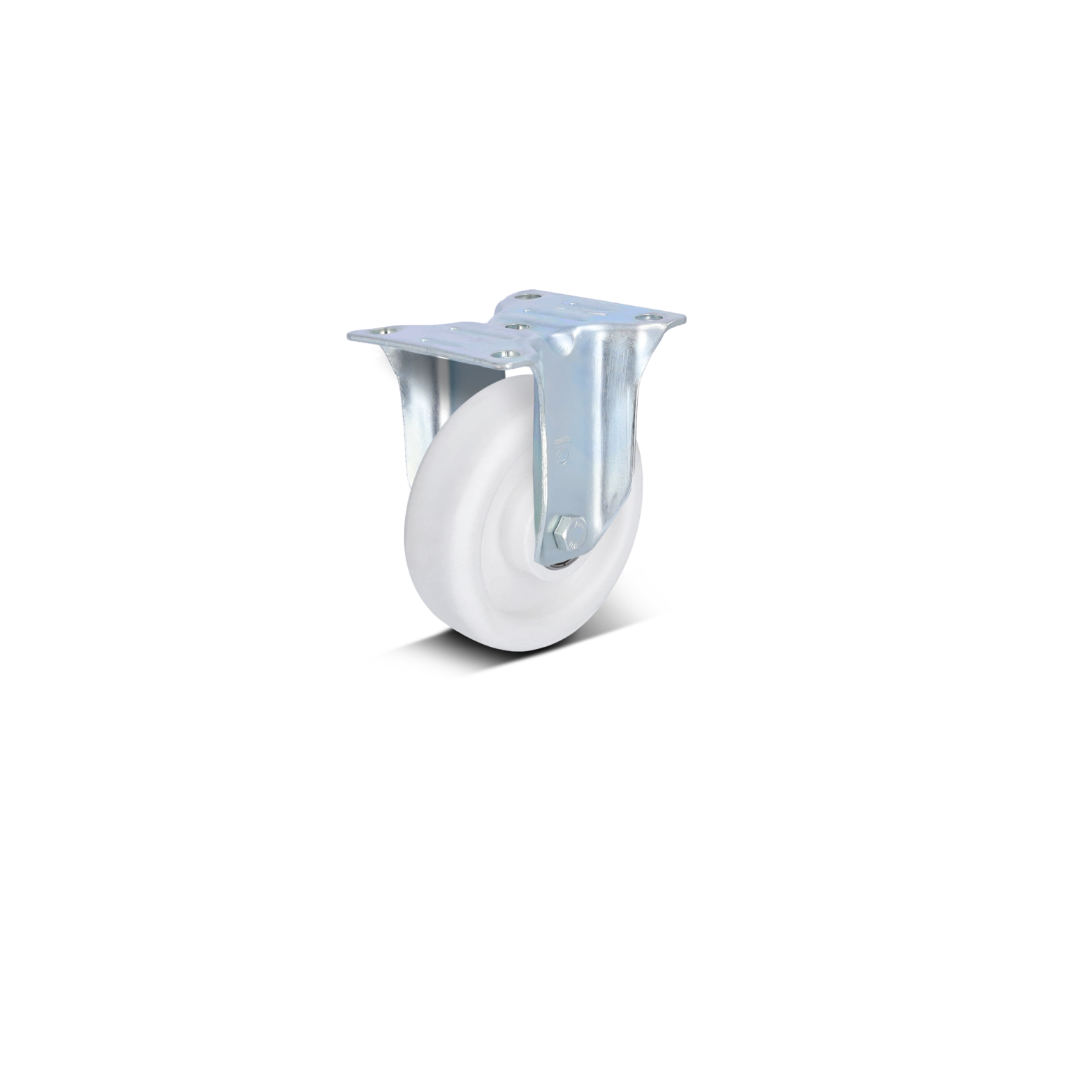 White industrial wheel mounted on a metal bracket with a shiny finish. The wheel is designed for easy movement and is likely used in material handling applications. The background is a solid black.