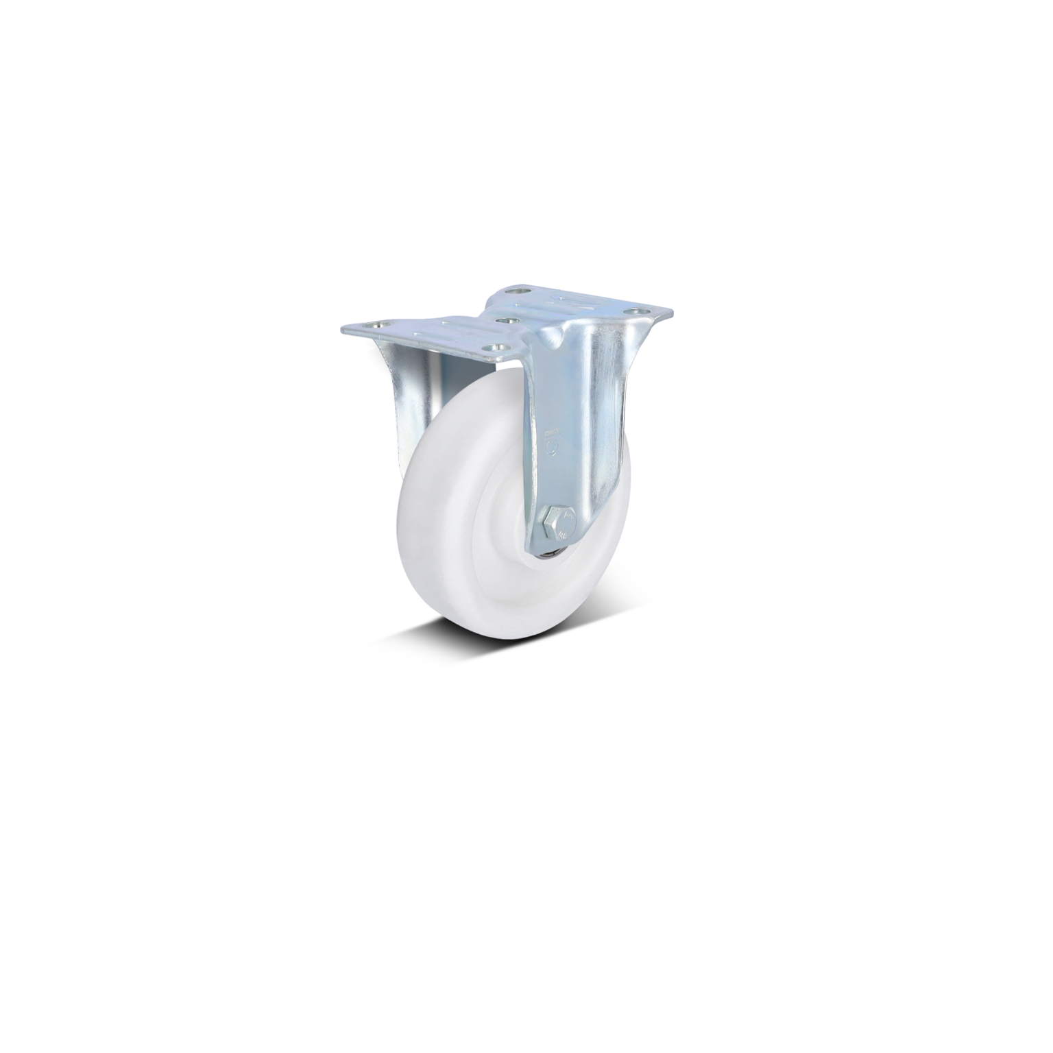 White industrial wheel mounted on a metal bracket with a shiny finish. The wheel is designed for easy movement and is likely used in material handling applications. The background is a solid black.