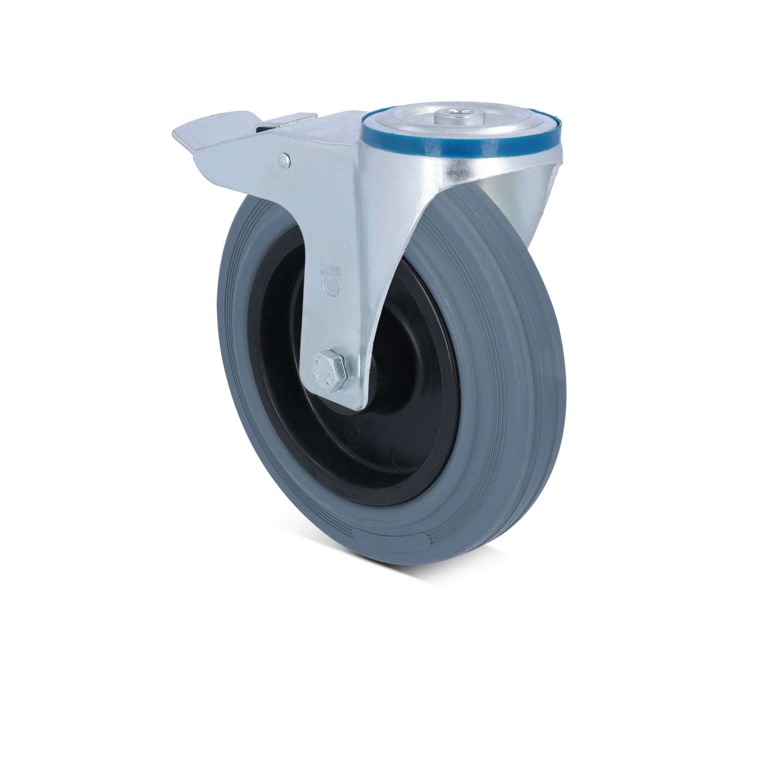 Zwenkwiel met een grijze rubberen band en een metalen stuurplaat. Het wiel heeft een zwarte kern en een blauwe ring aan de bovenkant. Geschikt voor materiaalhantering in industriële omgevingen.