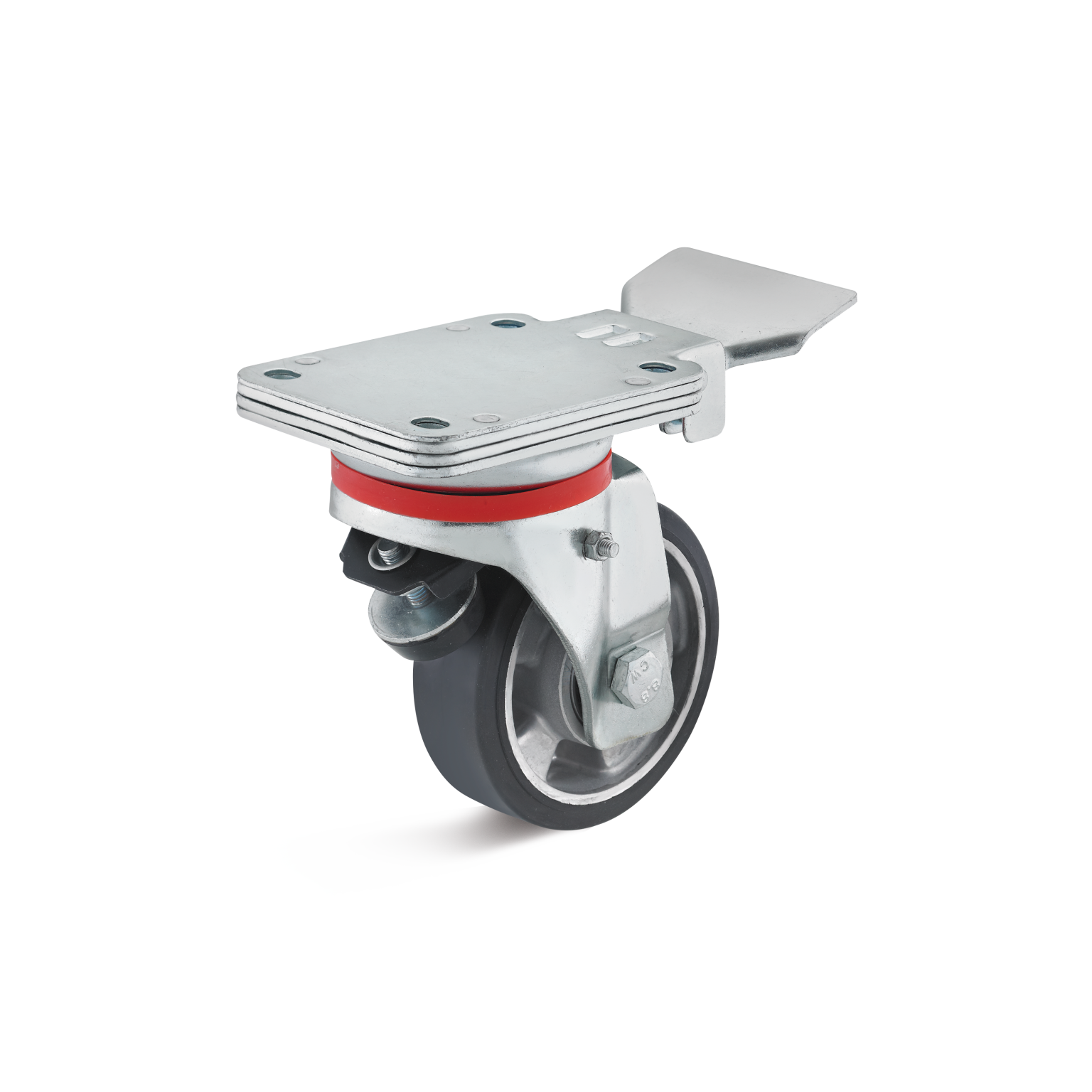 Heavy-duty swivel castor featuring a red rubber ring and a metallic mounting plate with multiple holes. The wheel has a black textured surface, designed for material handling in industrial environments.