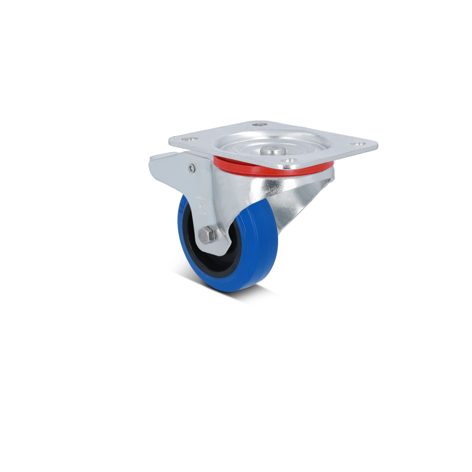 A swivel castor with a blue rubber wheel is mounted on a silver metal plate. The plate features a circular mounting hole in the center and is surrounded by a red ring, designed for smooth mobility.