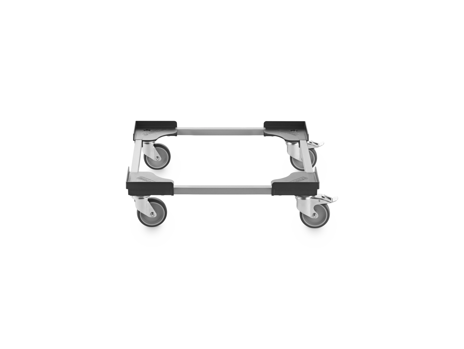 A mobile platform with four wheels, featuring a rectangular frame and plastic mounts, designed for transporting loads. The wheels are attached to the corners, allowing for easy maneuverability.