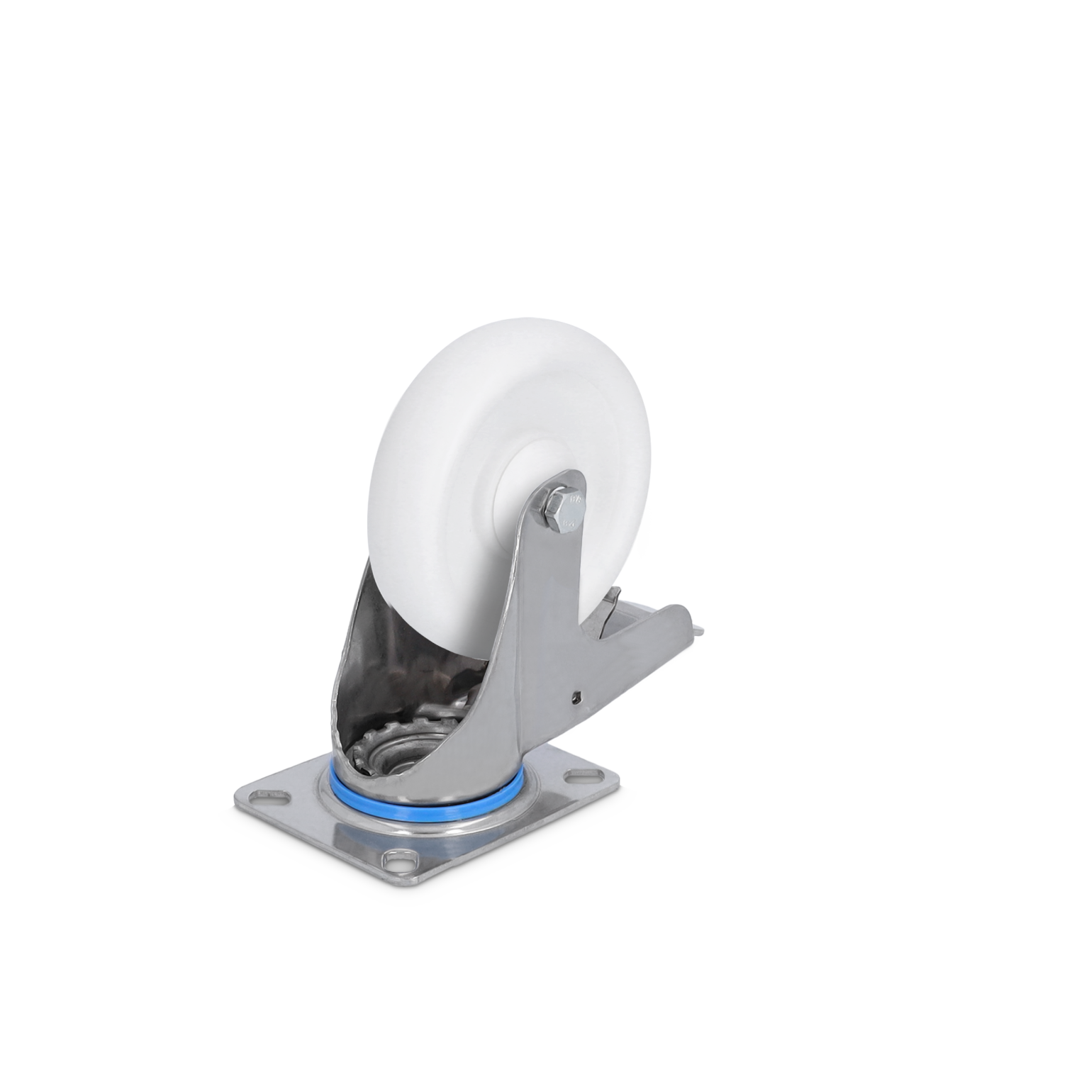 A swivel castor features a white plastic wheel mounted on a metallic bracket. The bracket has a square mounting plate with bolt holes. The design suggests suitability for smooth mobility in industrial environments.