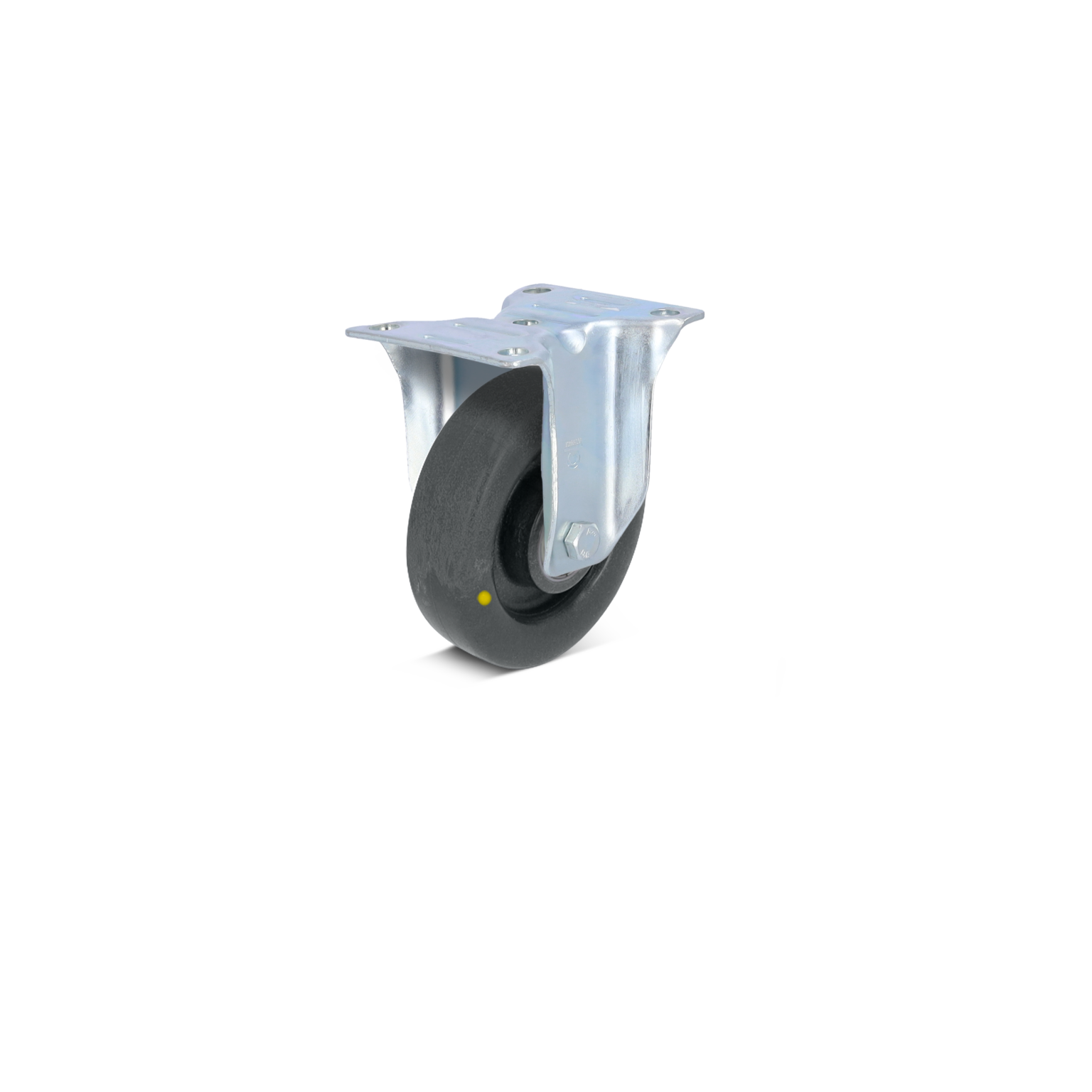 Zwenkwiel met een zwarte rubberen band bevestigd aan een metalen bevestigingsplaat. Het wiel is uitgerust met een gele stip en bevindt zich op een neutrale achtergrond.