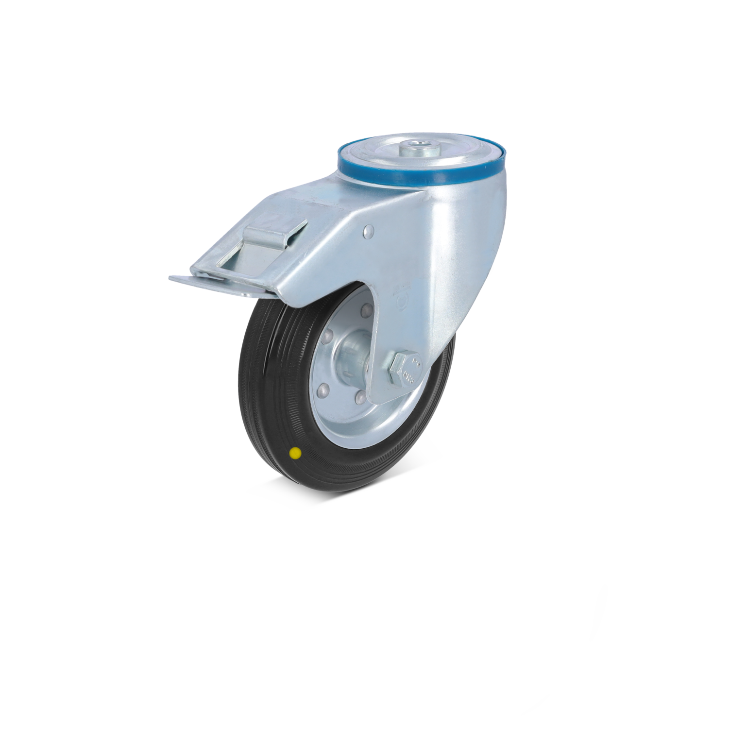 A metallic swivel castor with a black rubber wheel is positioned upright. It features a mounting plate at the top, designed for easy attachment, with a blue rim and a yellow dot on the wheel.