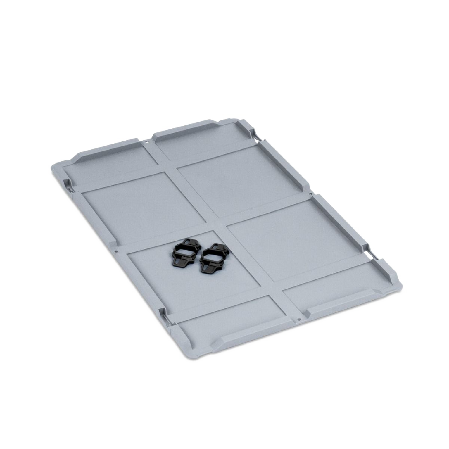 Flat, rectangular gray plastic pallet with molded sections for stability and transport. Two black fastening clips are positioned on top, likely for securing loads. The background is plain.