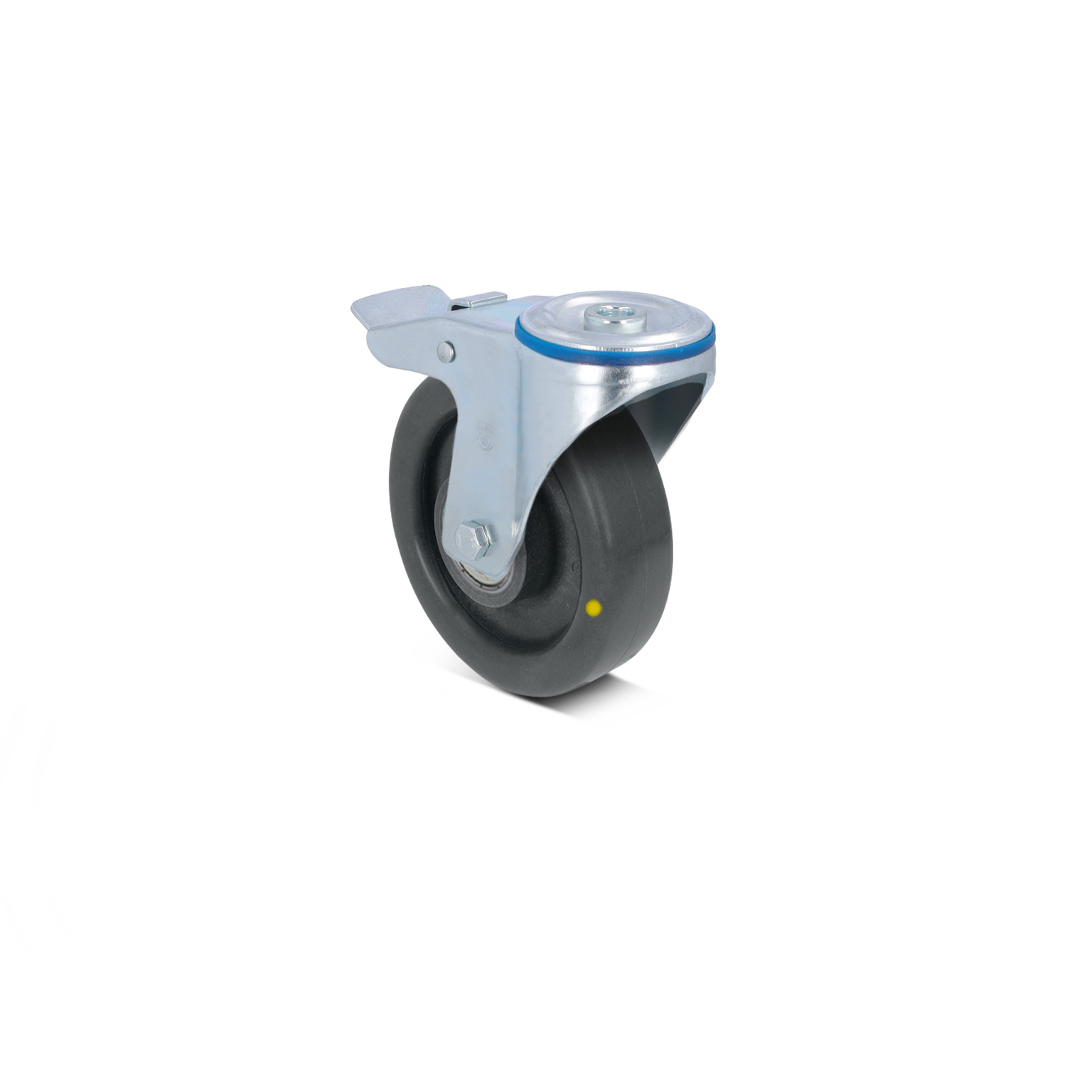 Zwenkwiel met een zwarte rubberen band en een metalen bevestiging. Het wiel heeft een draaimechanisme en is geschikt voor diverse industriële toepassingen. Achtergrond is wit.