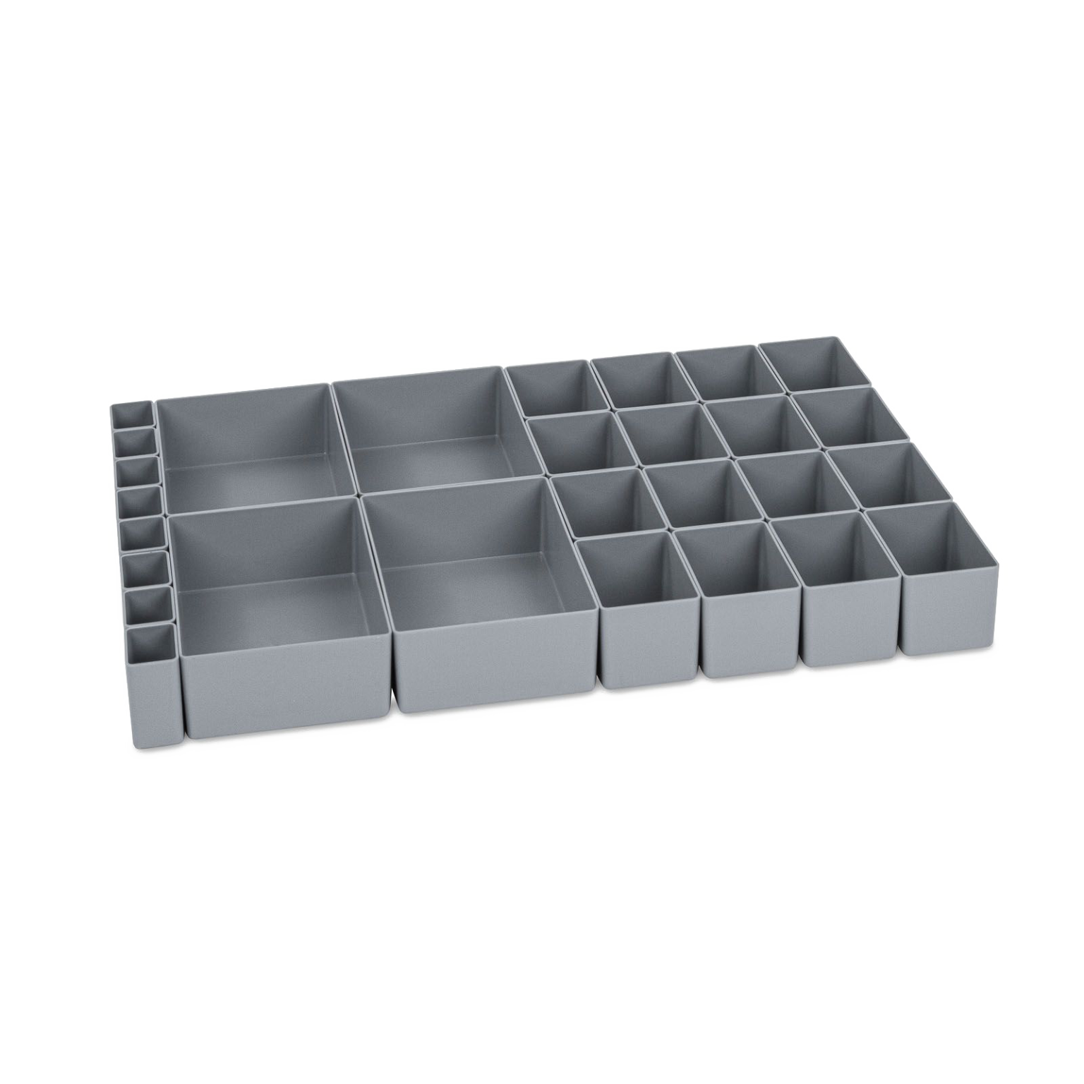 A gray plastic component organizer featuring multiple square and rectangular compartments of various sizes. It is designed for efficient storage and arrangement of small items in industrial or workshop environments.