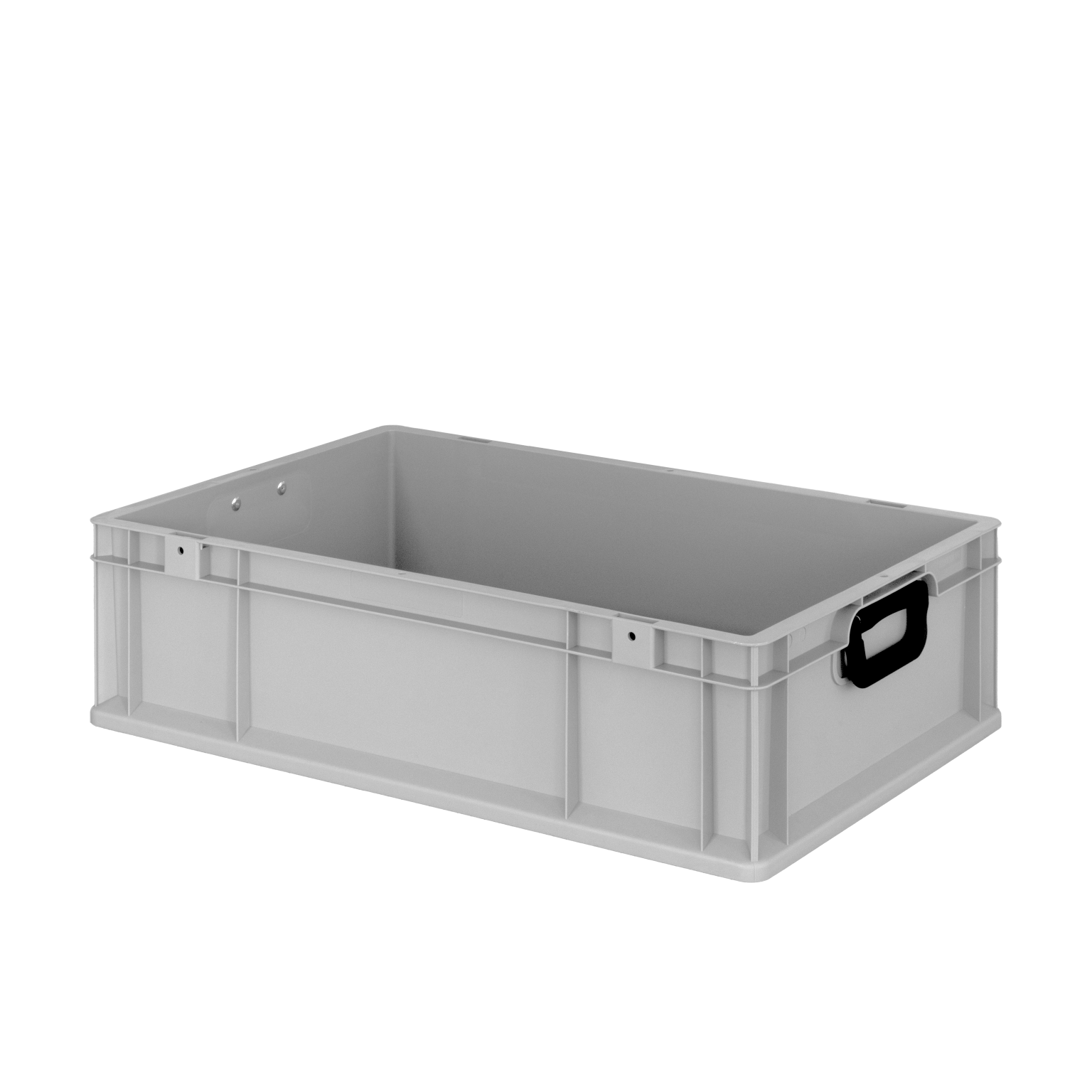 A gray plastic storage box with a sturdy rectangular shape features a smooth interior and two side handles. It sits on a plain background, suggesting use for organization or transport of items.