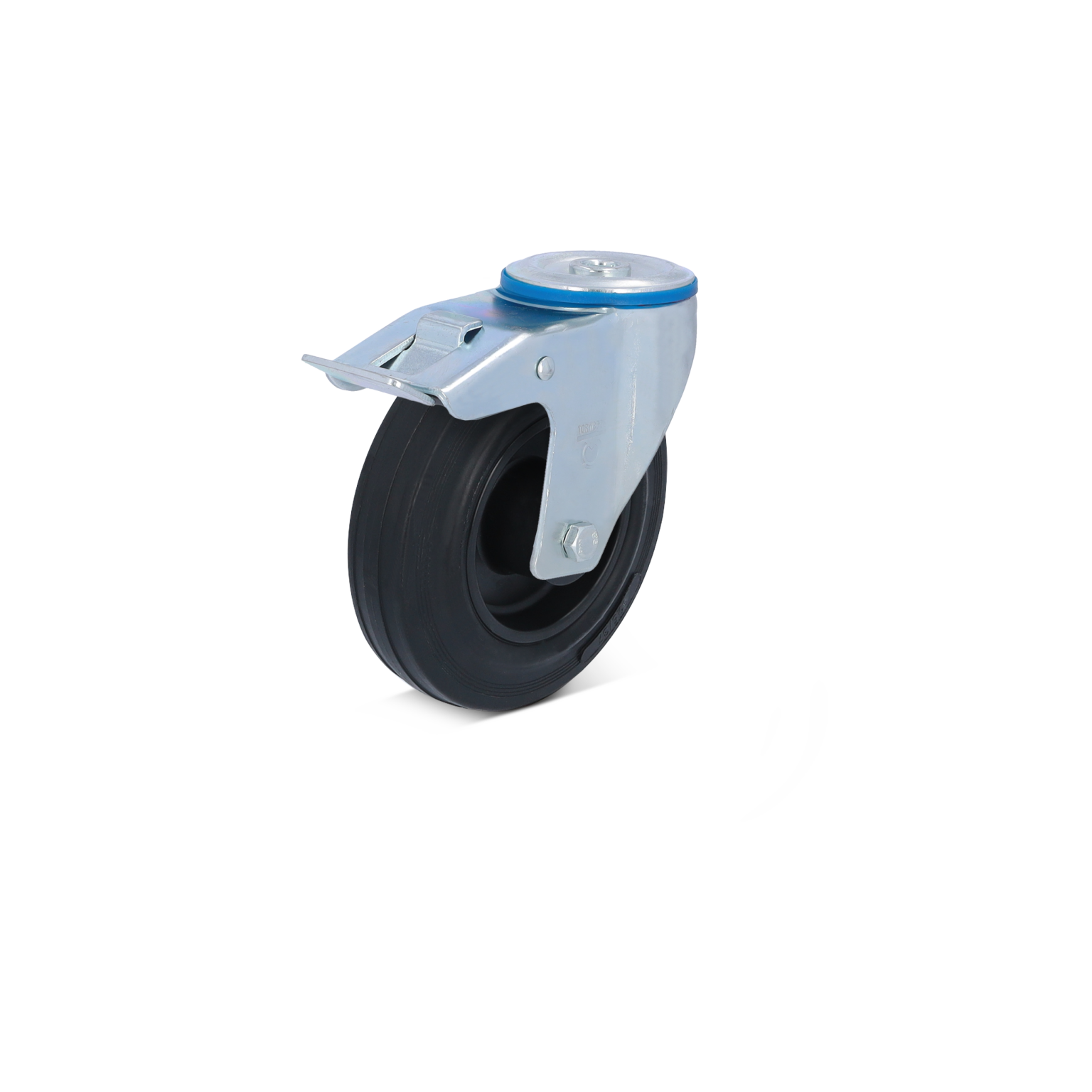 Zwart rubber wiel met een metalen beugel, voorzien van een schijfbevestiging bovenop. Het wordt gepresenteerd tegen een witte achtergrond voor duidelijkheid.