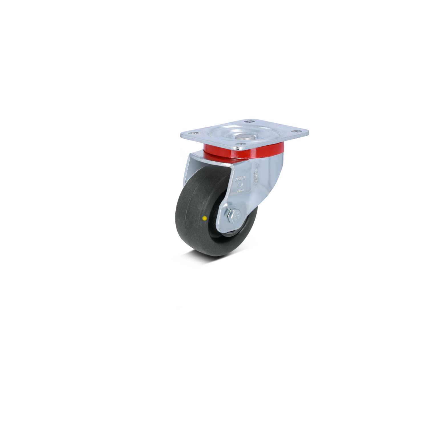 A swivel castor featuring a black rubber wheel with a yellow dot, mounted on a silver metal plate with red accents. It is positioned against a minimalistic background, emphasizing its design.