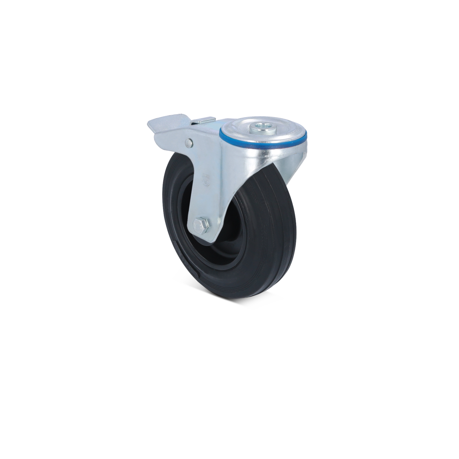 Zwarte rubberen wieltje met een metalen bevestigingsbeugel. Het wieltje heeft een schijfvormige constructie en een blauwe rand rondom de schijf, geplaatst tegen een neutrale achtergrond.