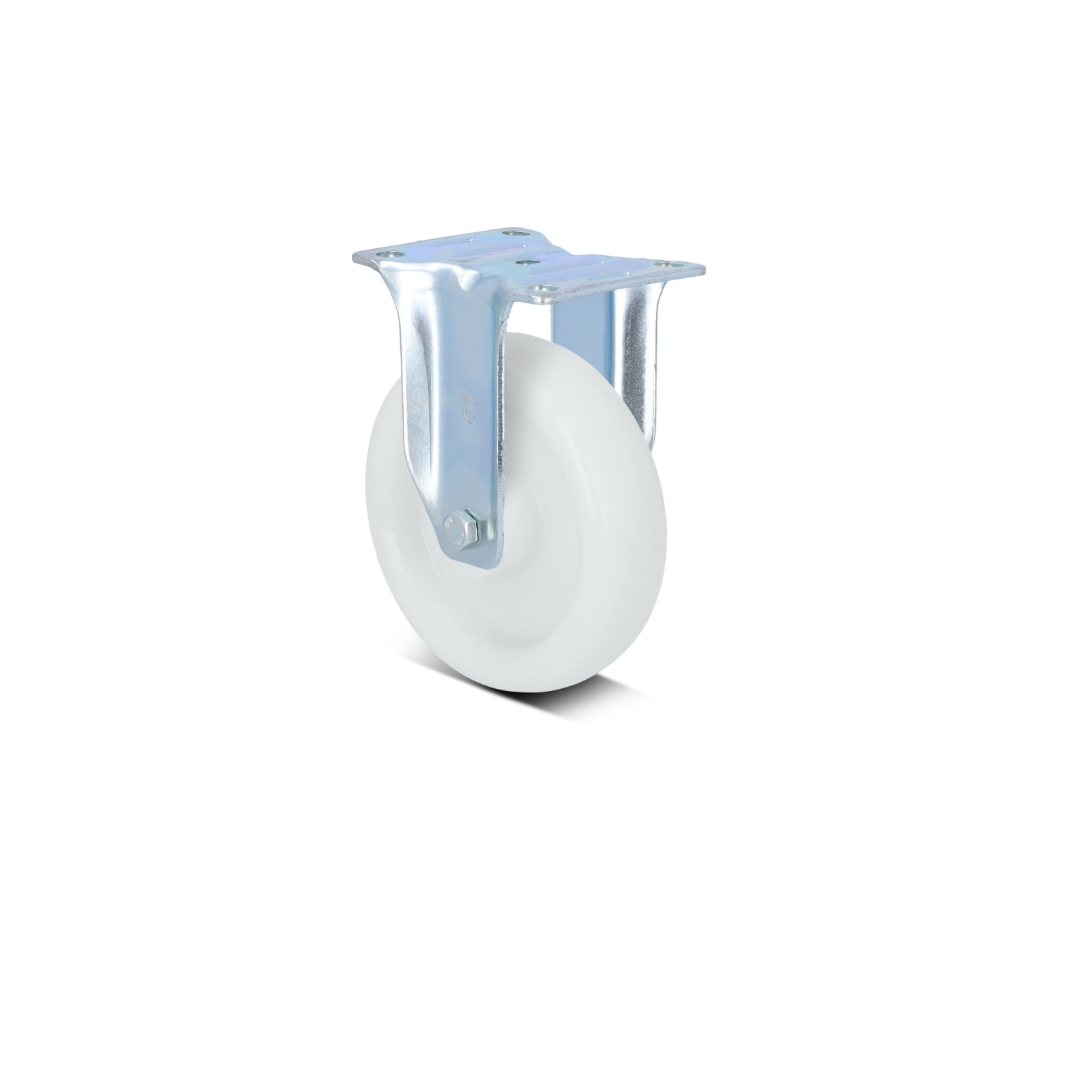 Betrifft ein Rollen-Element mit einer glatten, weißen Kunststoffrolle. Die Rolle ist mit einer silbernen Metallhalterung verbunden, die zur Montage geeignet ist. Der Hintergrund ist neutral und einfarbig.