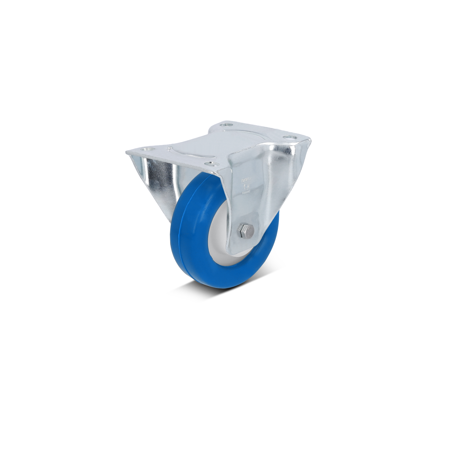 A blue wheel with a white rim is mounted on a metallic bracket featuring a flat top with screw holes for attachment. The caster appears suitable for material handling applications.