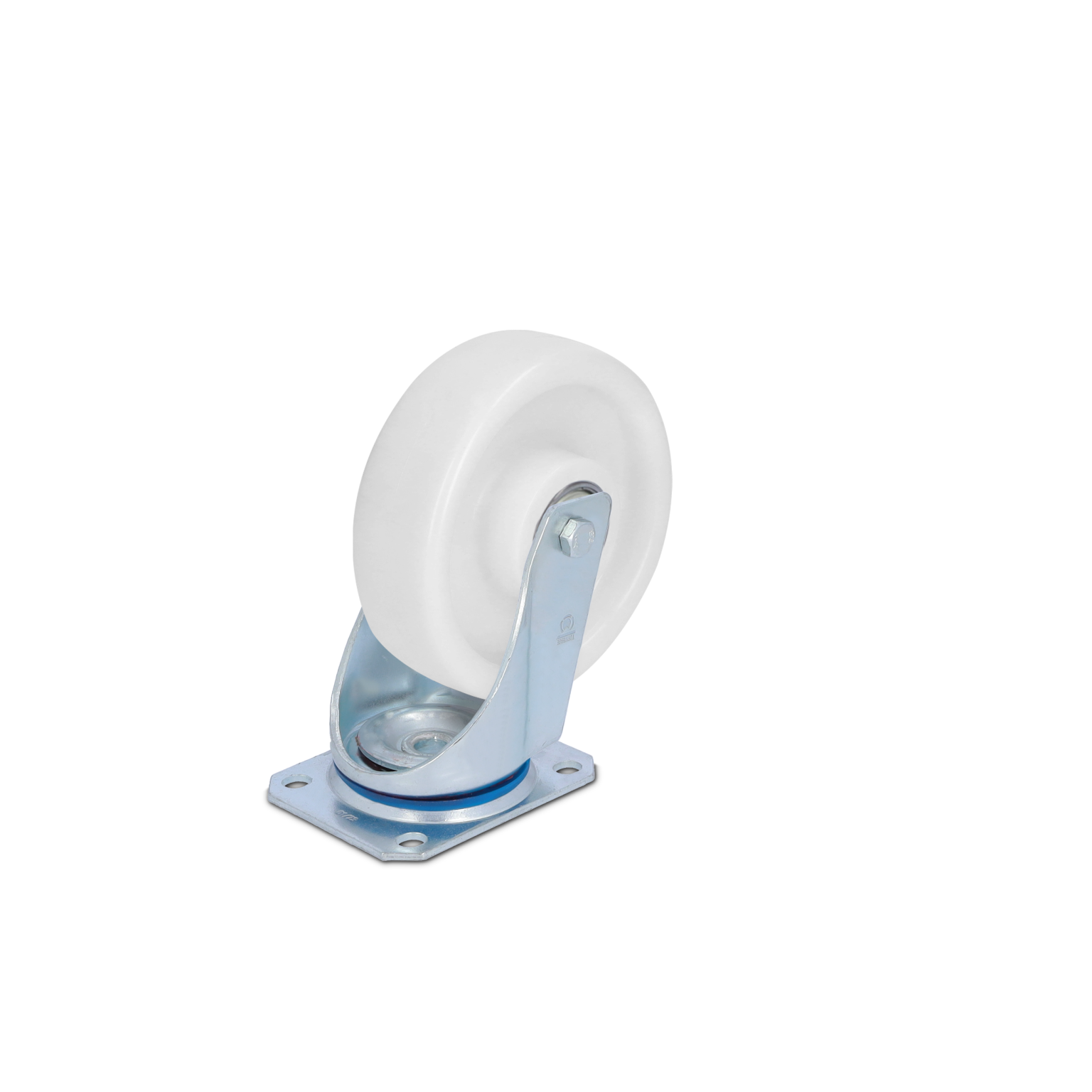 A swivel castor with a white plastic wheel is mounted on a silver metal bracket. The base features a square mounting plate with four holes for installation. The background is plain.