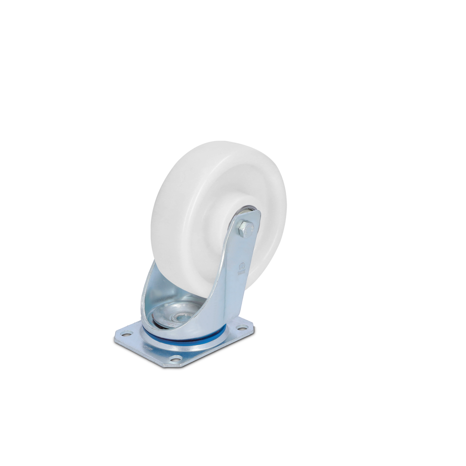 A swivel castor with a white plastic wheel is mounted on a silver metal bracket. The base features a square mounting plate with four holes for installation. The background is plain.