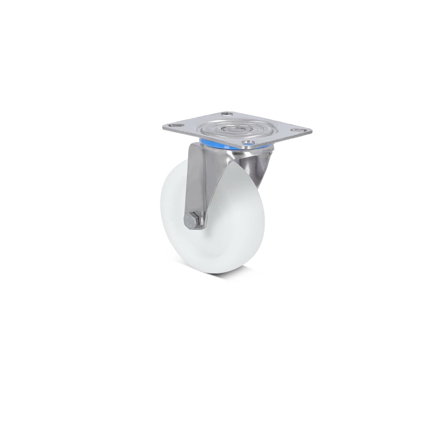 A swivel caster featuring a white, round plastic wheel mounted on a silver metal plate with bolt holes. It is angled slightly, revealing its smooth surface and sturdy support structure.