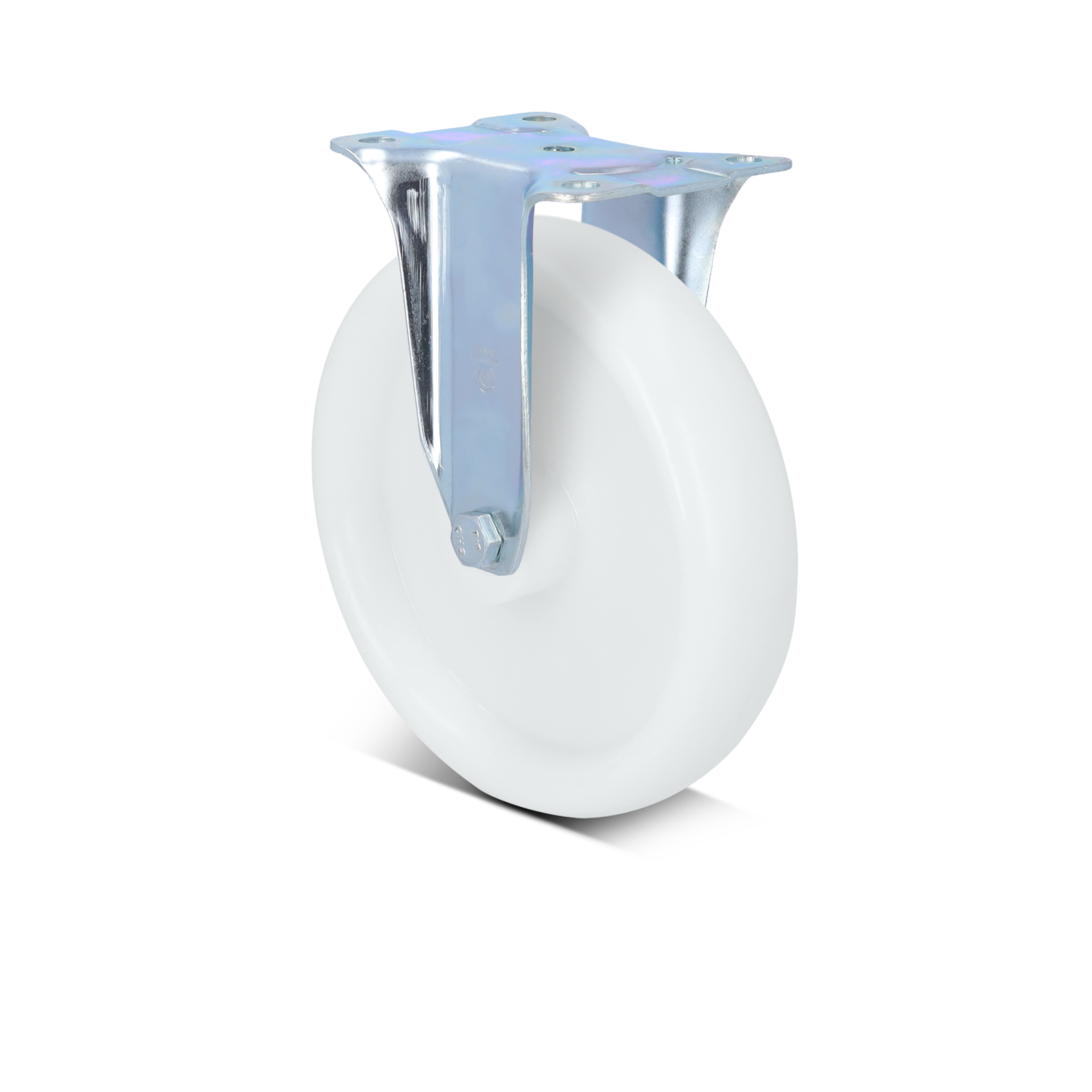 White industrial caster wheel with a metallic mounting bracket. The wheel features a smooth surface and is positioned upright, indicating potential use on transport trolleys or industrial equipment.