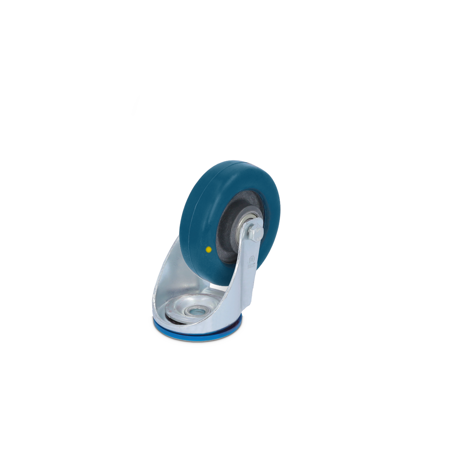 Blauwe rubberen wiel met een metalen standaard, uitgerust met een schroefas en een kleine gele stip. Het is gepositioneerd in een rechtopstaande houding op een neutrale achtergrond.