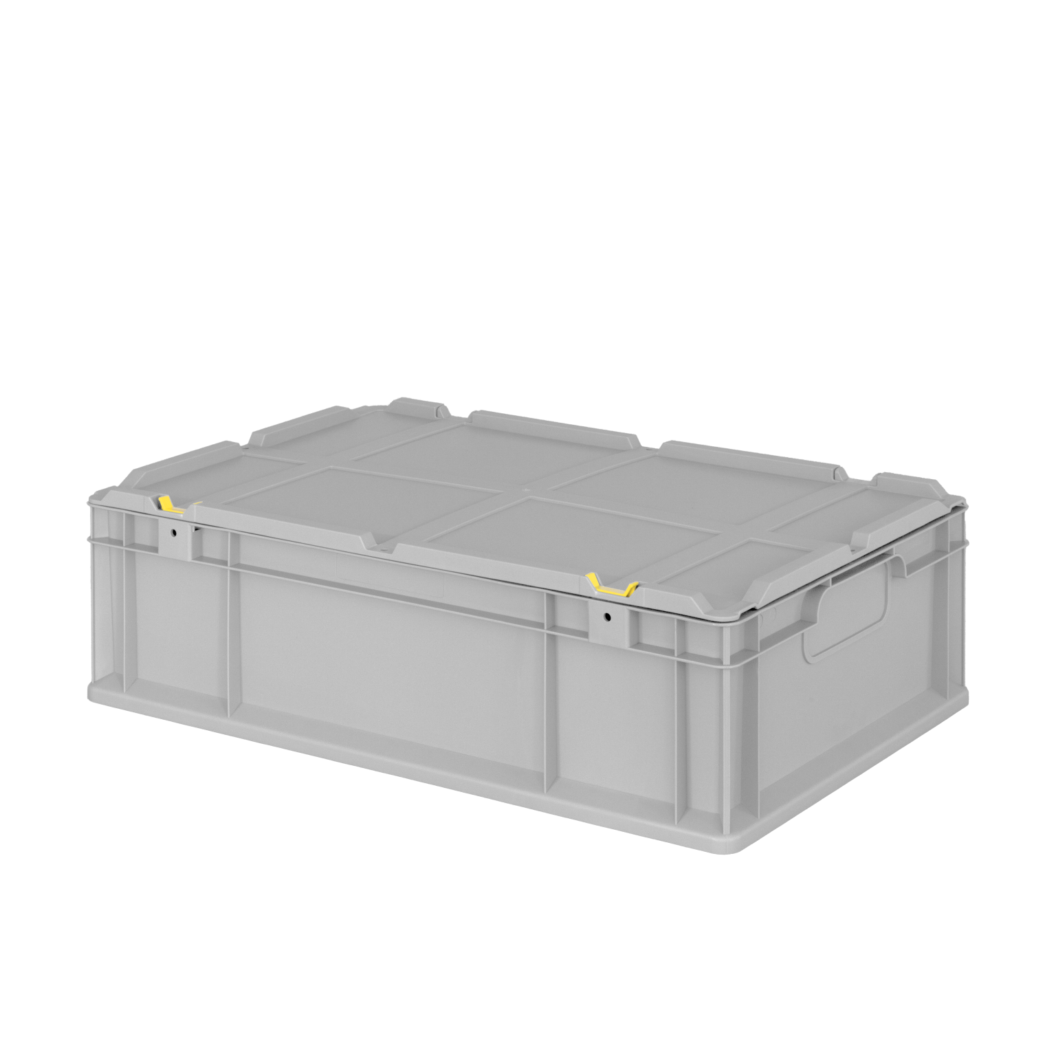 A gray plastic storage box features a secure lid with yellow clips and side handles. It is positioned on a flat surface, designed for organizing and transporting items in industrial settings.