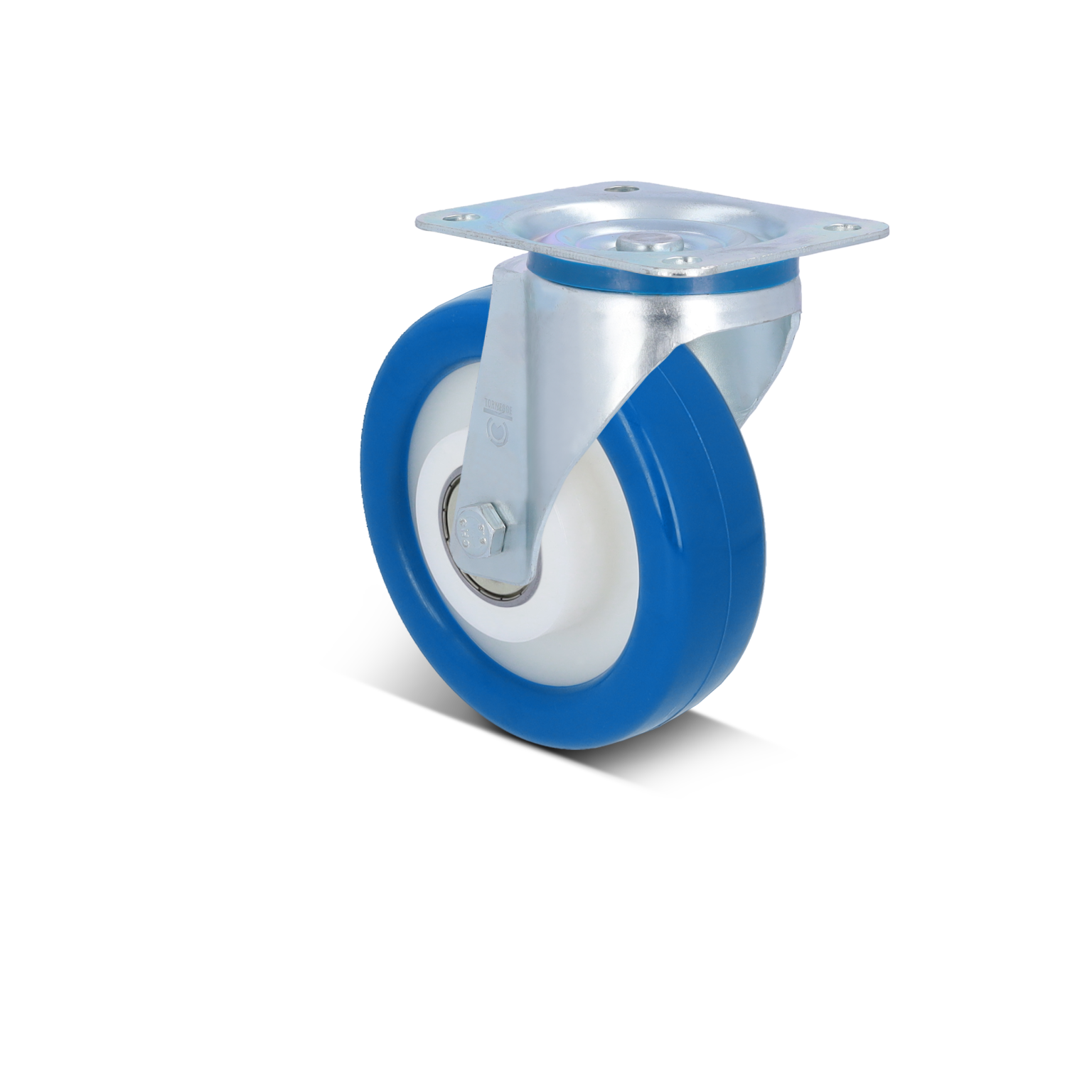 Zwenkwiel met een blauw rubberen loopvlak en een glanzende metalen bevestigingsplaat. Het is ontworpen voor gebruik in industriële toepassingen en bevindt zich op een neutrale achtergrond.