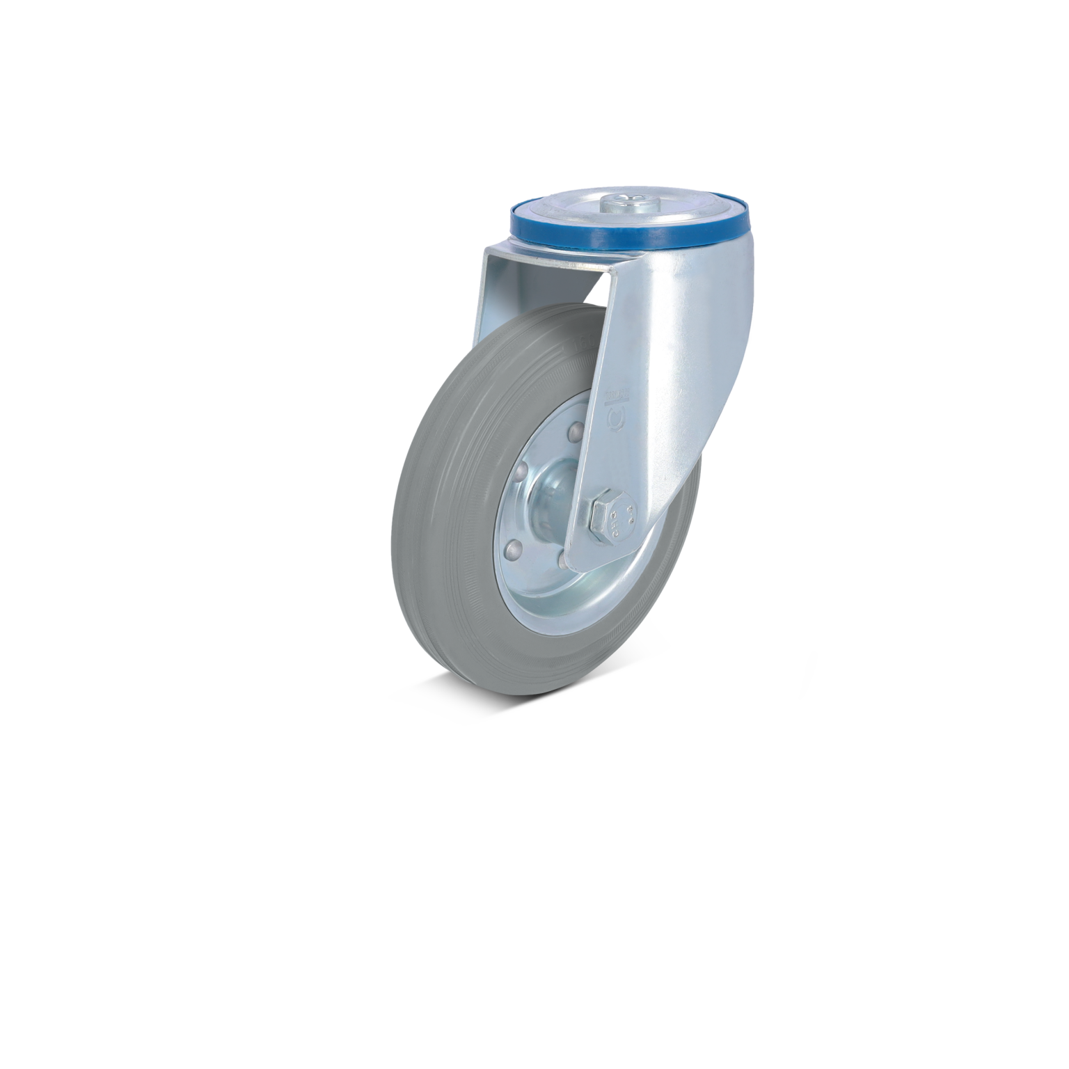 Zwenkwiel met een grijze rubberen band en een metalen bevestigingsplaat. Het wiel heeft een centrale schroef, bevestigd aan een stevige metalen beugel, op een witte achtergrond.