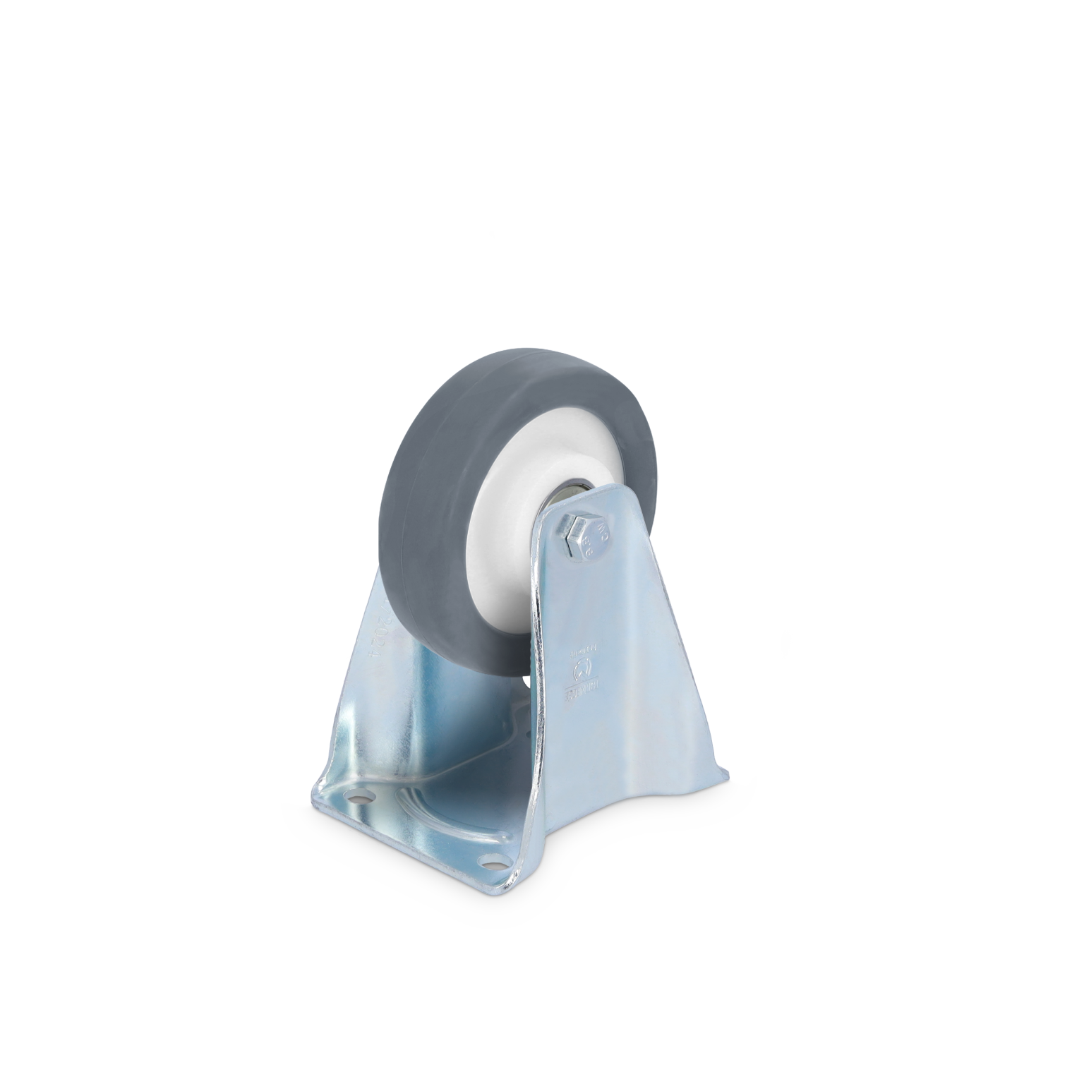 A galvanized steel swivel castor featuring a gray rubber wheel with a white inner rim. The castor is mounted on a flat base with bolt holes for secure attachment.