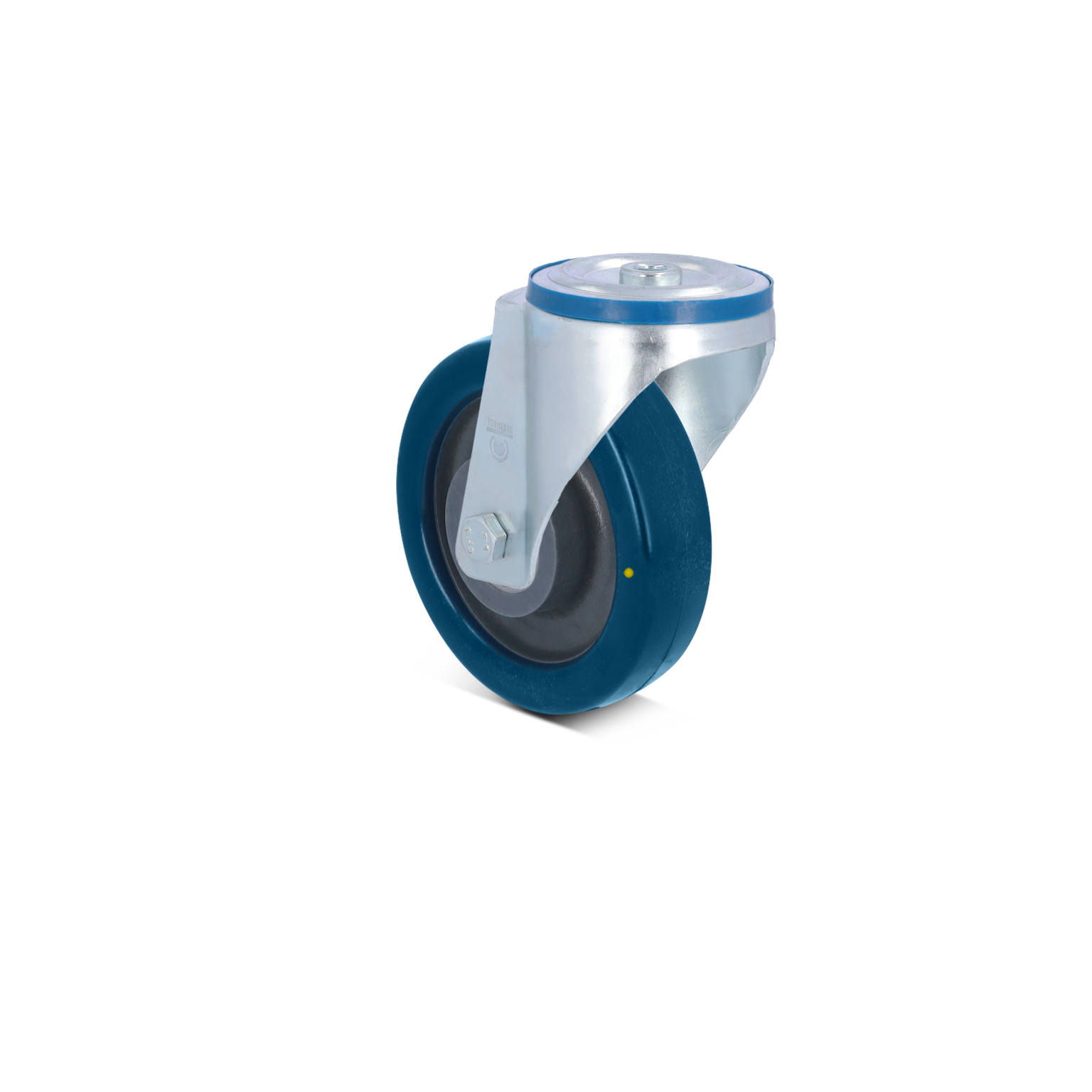 Robuuste zwenkwiel met een blauwe rubberen band en een metalen behuizing. Het wieltje toont een montageplaat en is gepositioneerd tegen een neutrale achtergrond.
