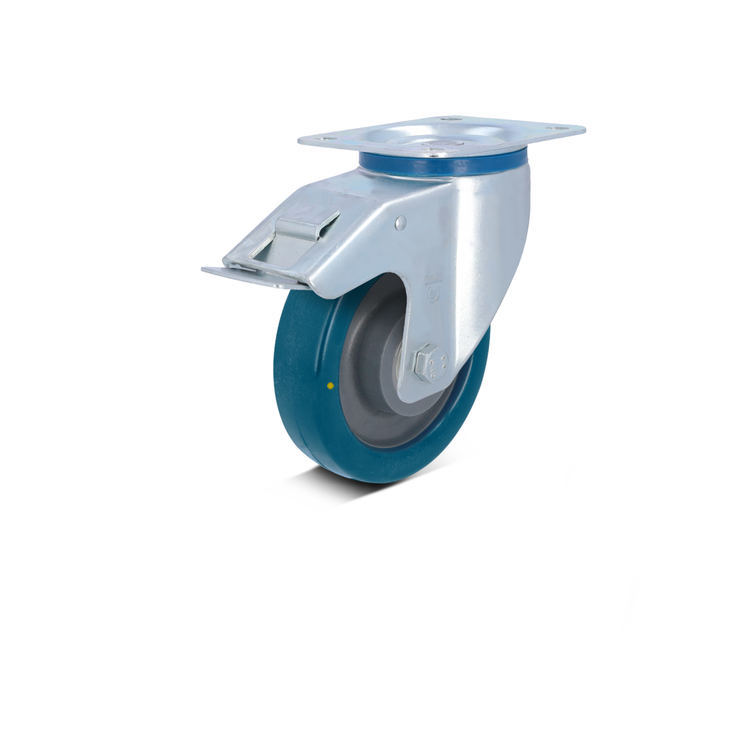 Zwenkwiel met een metalen montageplaat, wit gelakt, en een blauwe rubberen rol. Het wiel heeft een slotmechanisme en is geschikt voor zware ladingen in een industriële omgeving.