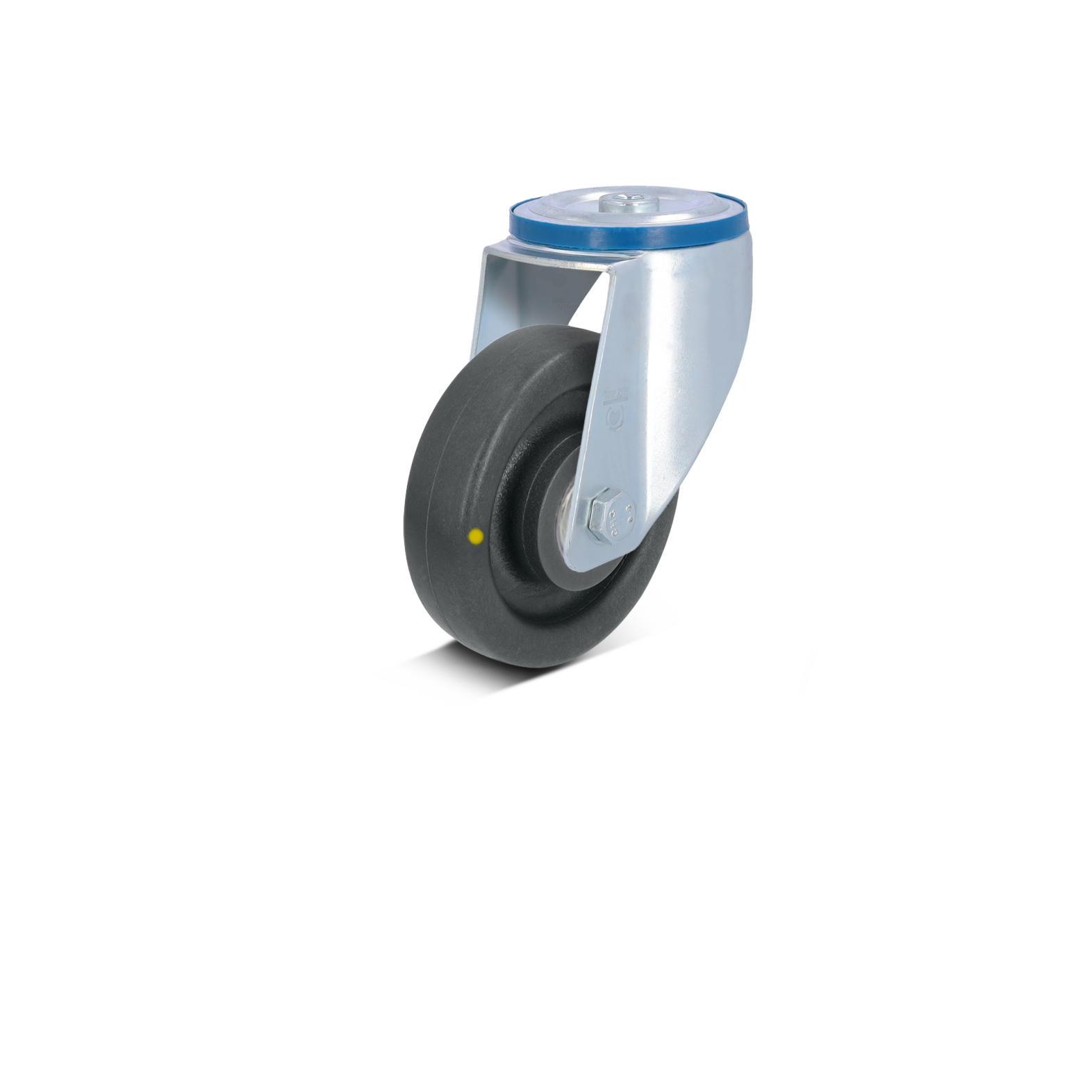 Zwenkwiel met een zwarte rubberen band, bevestigd aan een metalen beugel met een blauwe bovenkant. Het wiel heeft een stevige structuur, geschikt voor belastingen in een industriële omgeving.